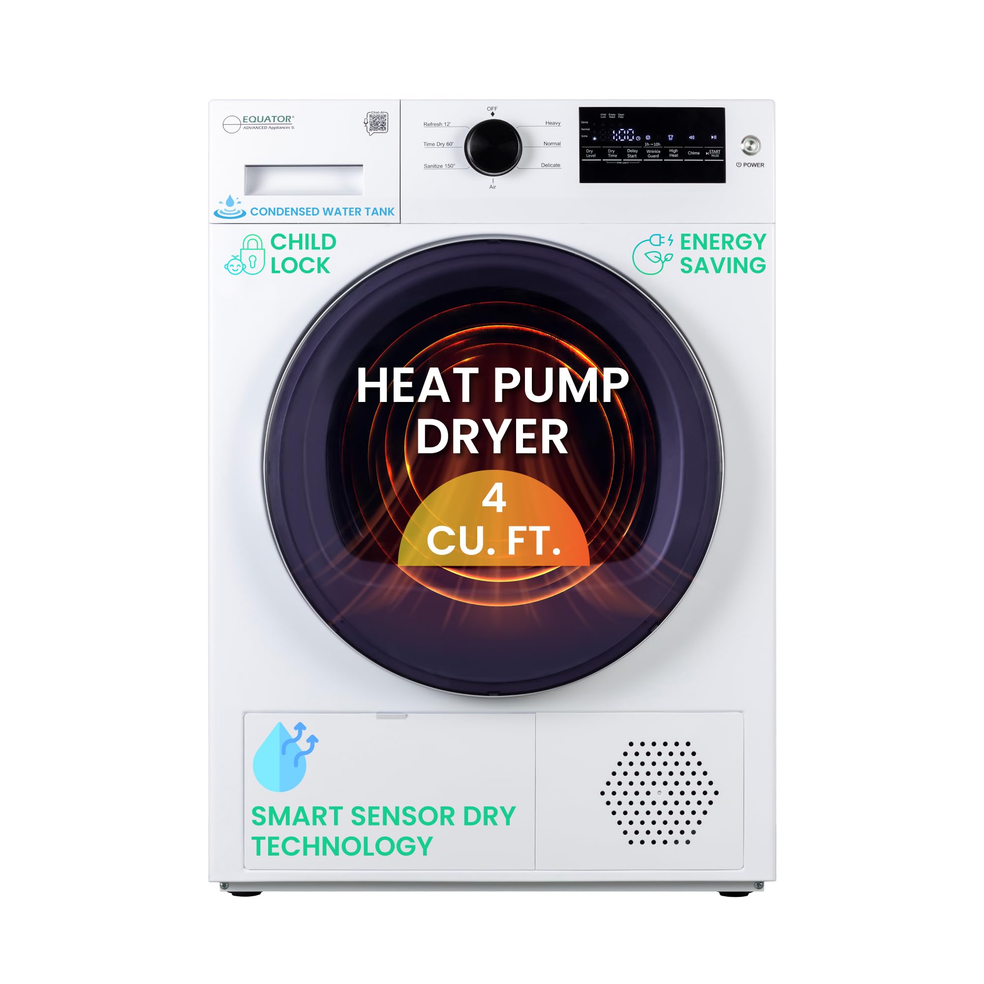 Equator 24 Inch Compact Heat Pump Dryer - 3.7 Cubic Feet Capacity, 20 lbs Load, Eco Sensor Technology, Ventless Design, 110V - Perfect for Apartments, RVs, and Small Laundry Rooms