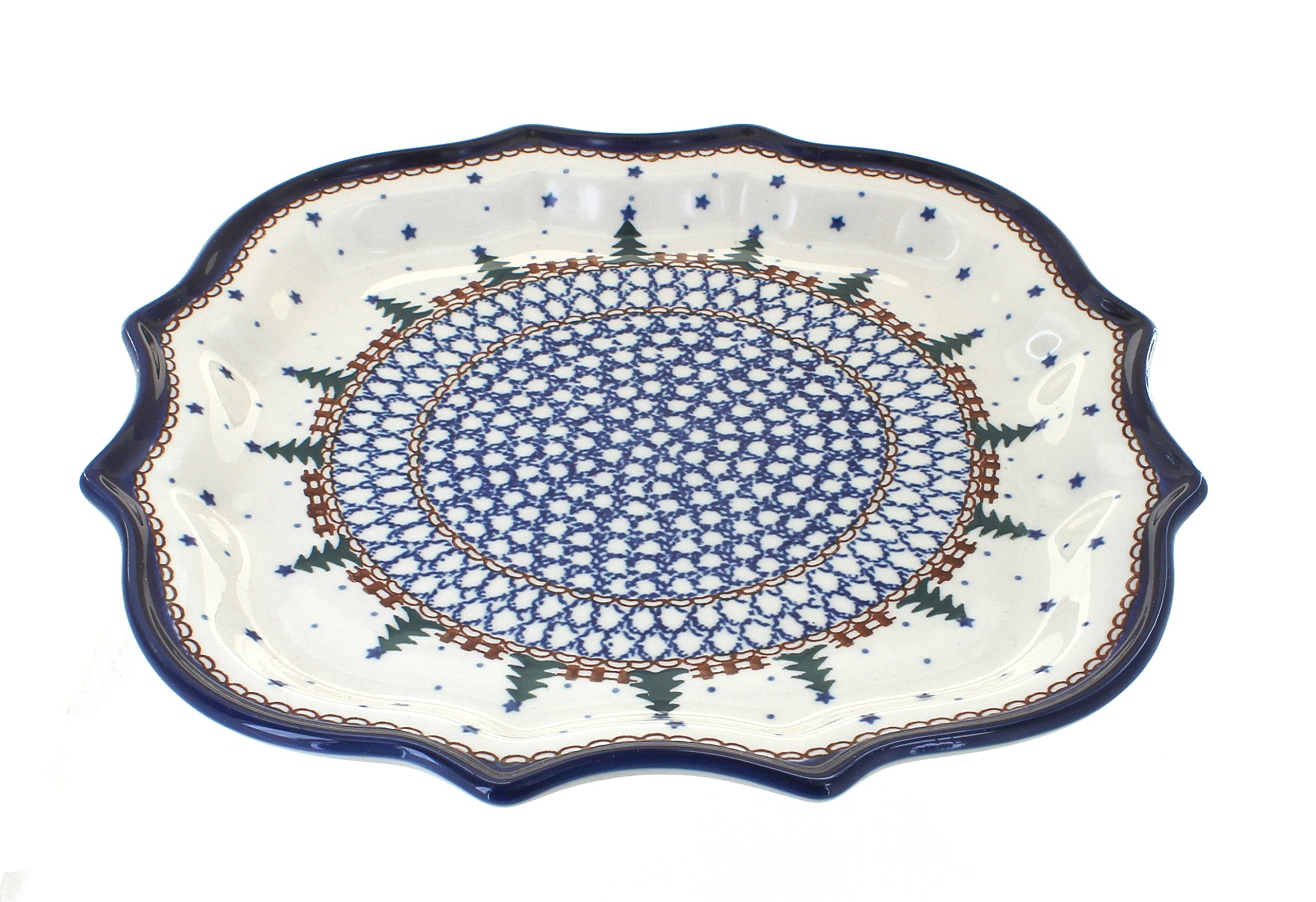 Handmade Blue Rose Polish Pottery Rustic Pines Decorative Square Tray - Perfect for Home Decor, Gift Giving & Holiday Table Settings
