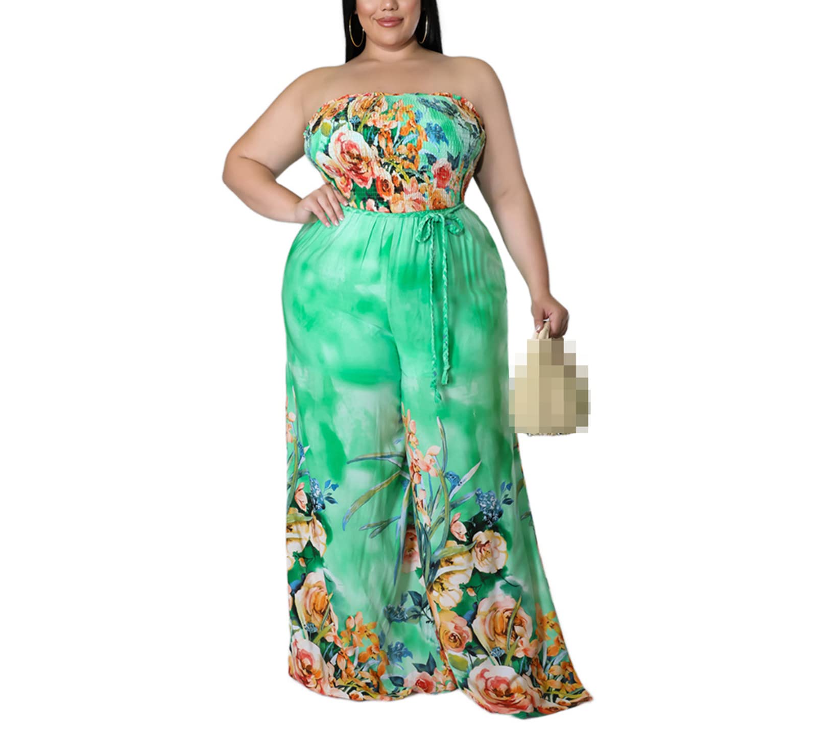 Women's Floral Print Pleated Off-Shoulder Jumpsuit - Casual Loose Fit Long Romper with Elegant Belt - Green Large Size | Perfect for Summer Outings, Beach Vacations & Date Nights