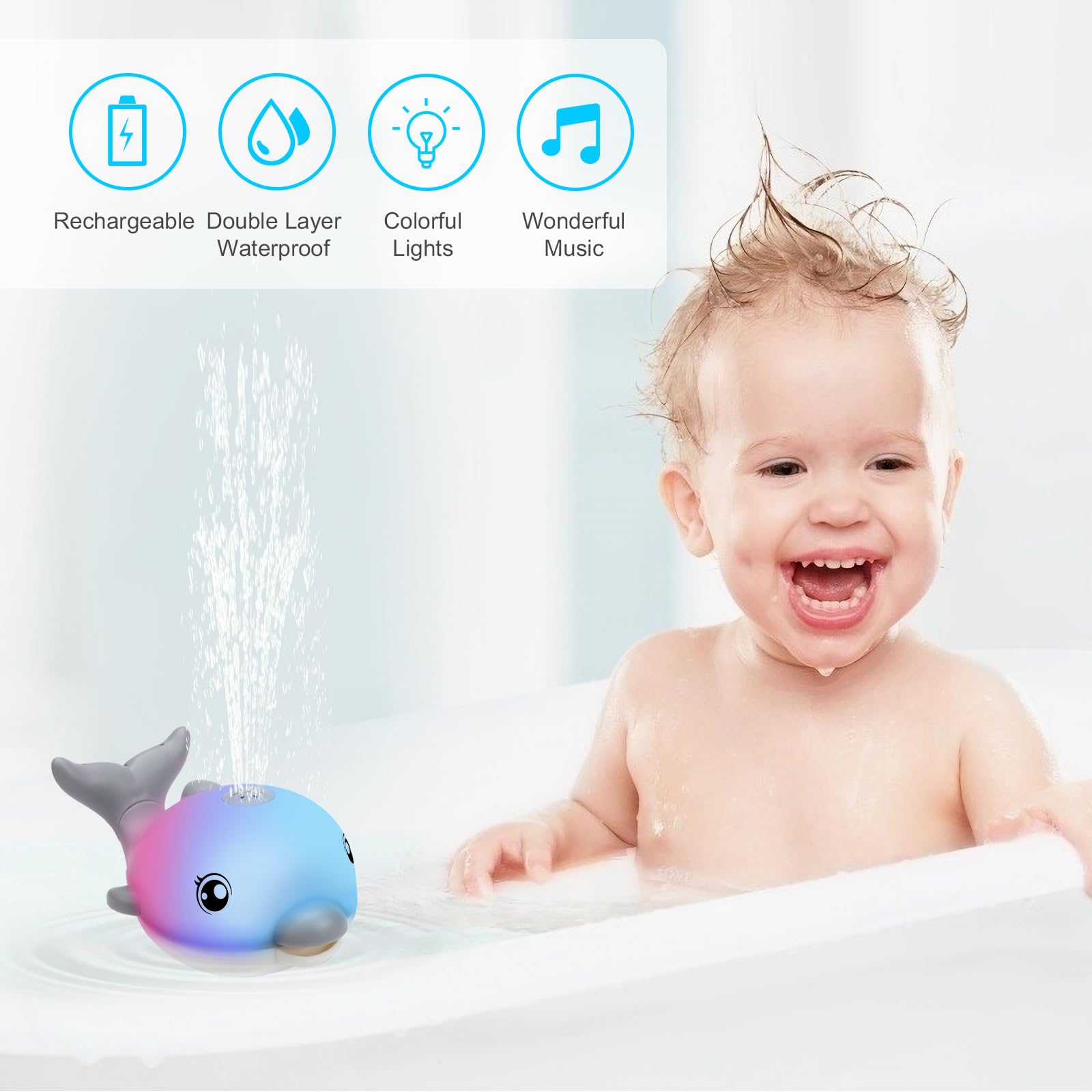 Rechargeable Light Up Dolphin Bath Toys for Babies & Toddlers 6-18 Months - Musical Sprinkler Bathtub Toys for Boys & Girls 1-4 Years - Perfect Easter Basket Stuffers & Sensory Play for Infants (Grey)