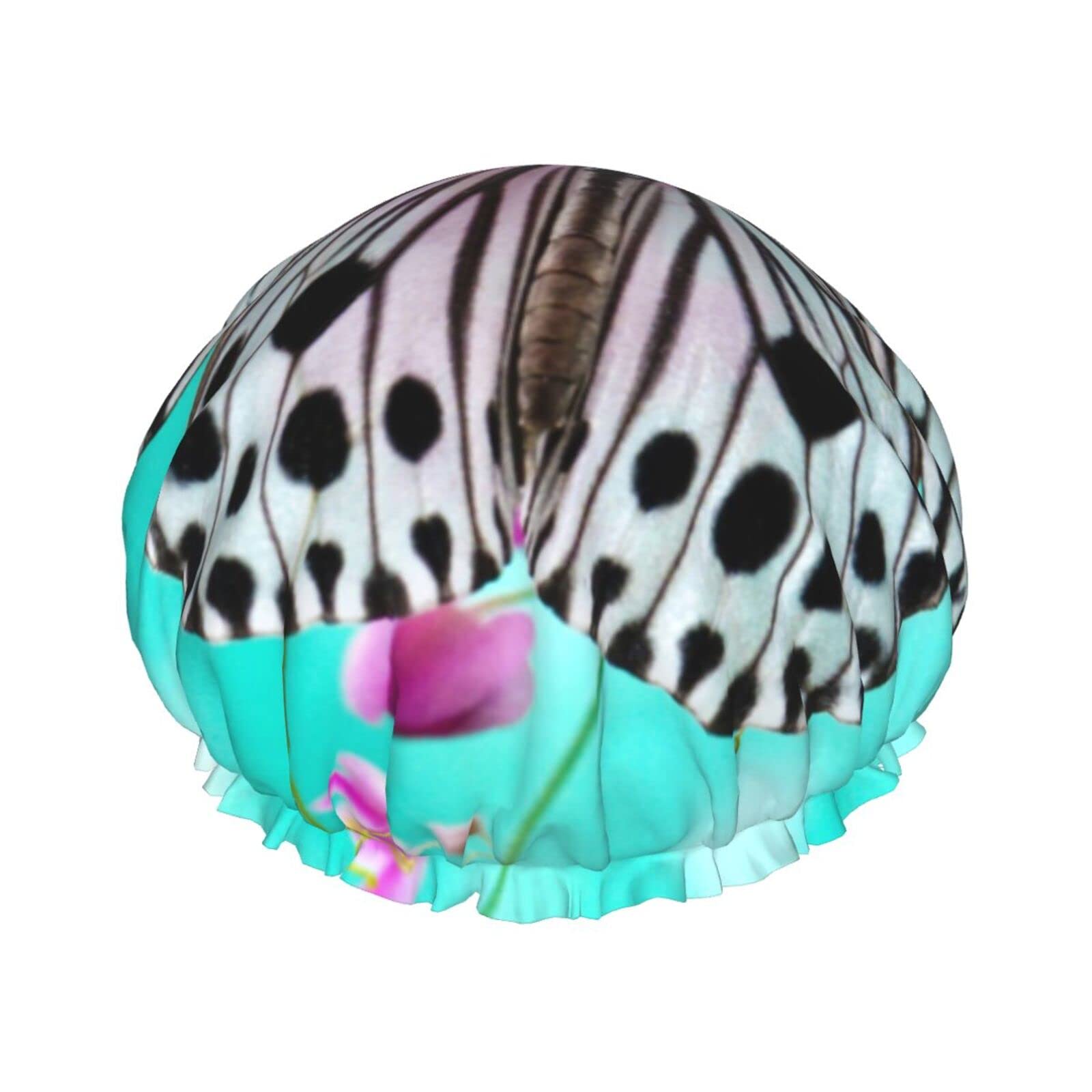 Waterproof Reusable Shower Cap for Women - Cute Butterfly Floral Design Bathing Hair Cap for Shower, Swimming & Spa (Pink)