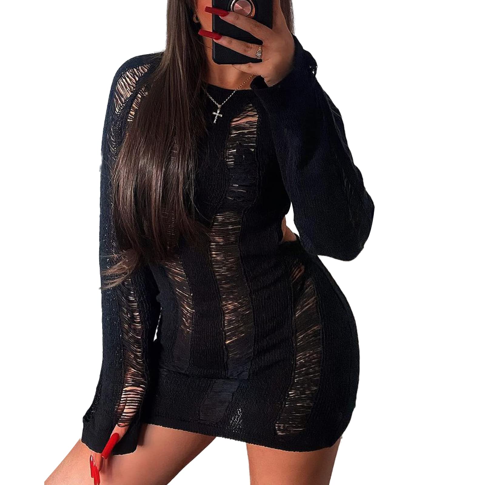 NUFIWI Women's Sexy Hollow Out Mini Dress - Crochet Knit Long Sleeve Backless Cover Up, Printed Short Beach Sundress for Summer Vacation, Pool Party & Night Out
