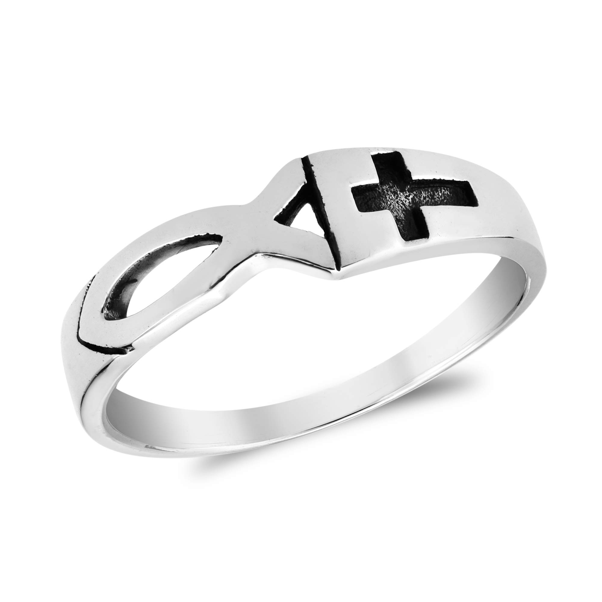 AeraVida Christian Fish & Cross .925 Sterling Silver Ring for Women - Elegant Wedding, Promise, & Fashion Rings - Comfort Fit Sizes 5-12 - Perfect for Church, Daily Wear & Special Occasions