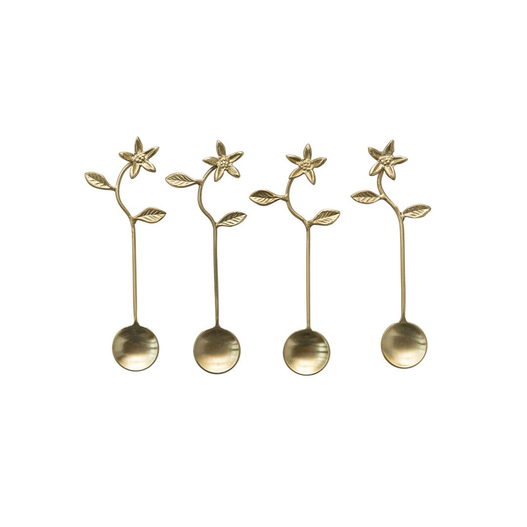 Premium 4-Piece Stainless Steel & Brass Flower Handle Spoon Set - Elegant Tea & Coffee Serving Utensils for Home & Restaurant Use
