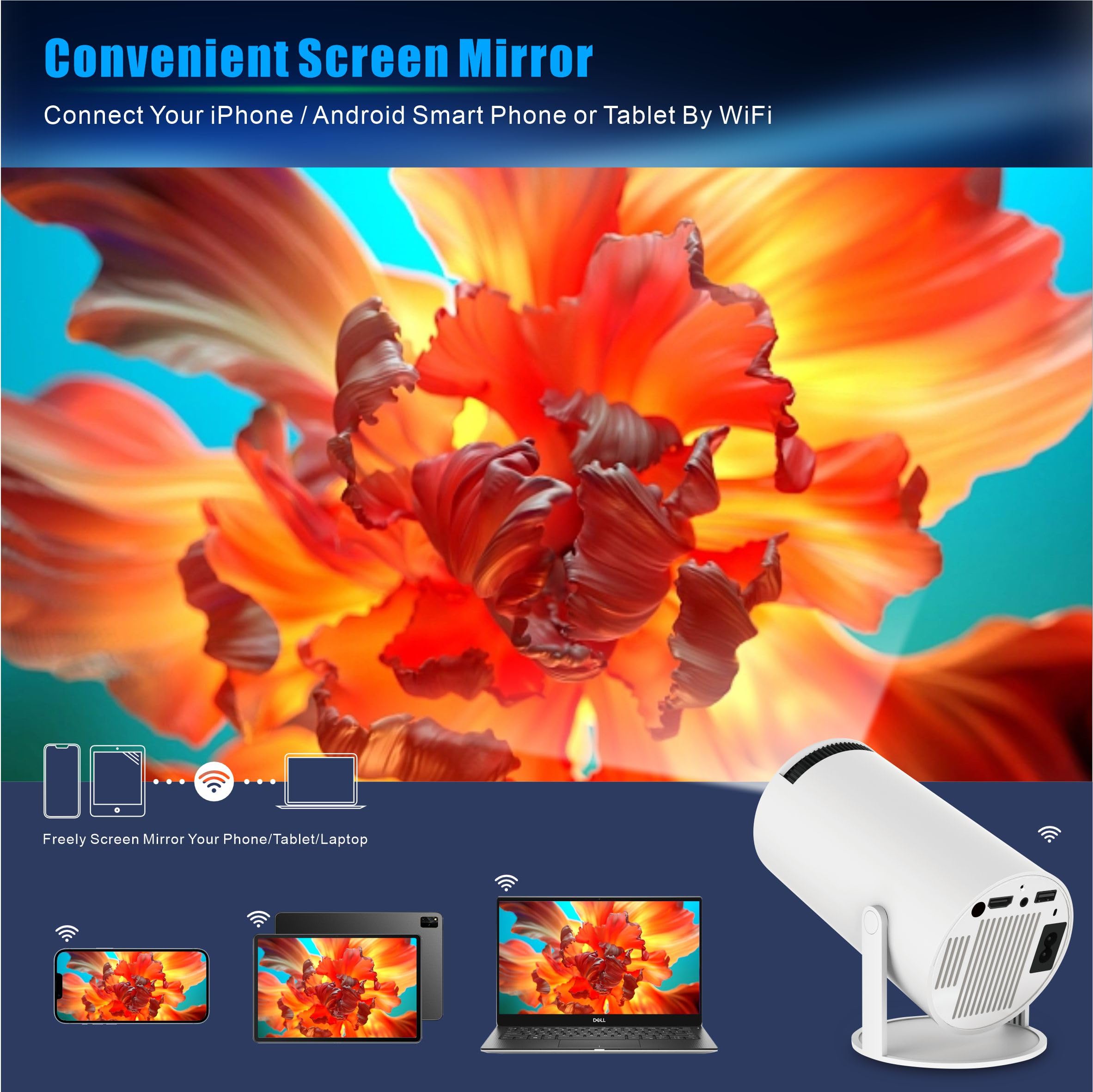 4K Mini Projector - Portable WiFi 6 Video Projector with Android 11, Full HD 1080P Support for Smartphone/PC/Laptop/Fire Stick, 180° Rotatable HDMI Home Theater Projector - Perfect for Movie Nights, Gaming & Outdoor Camping