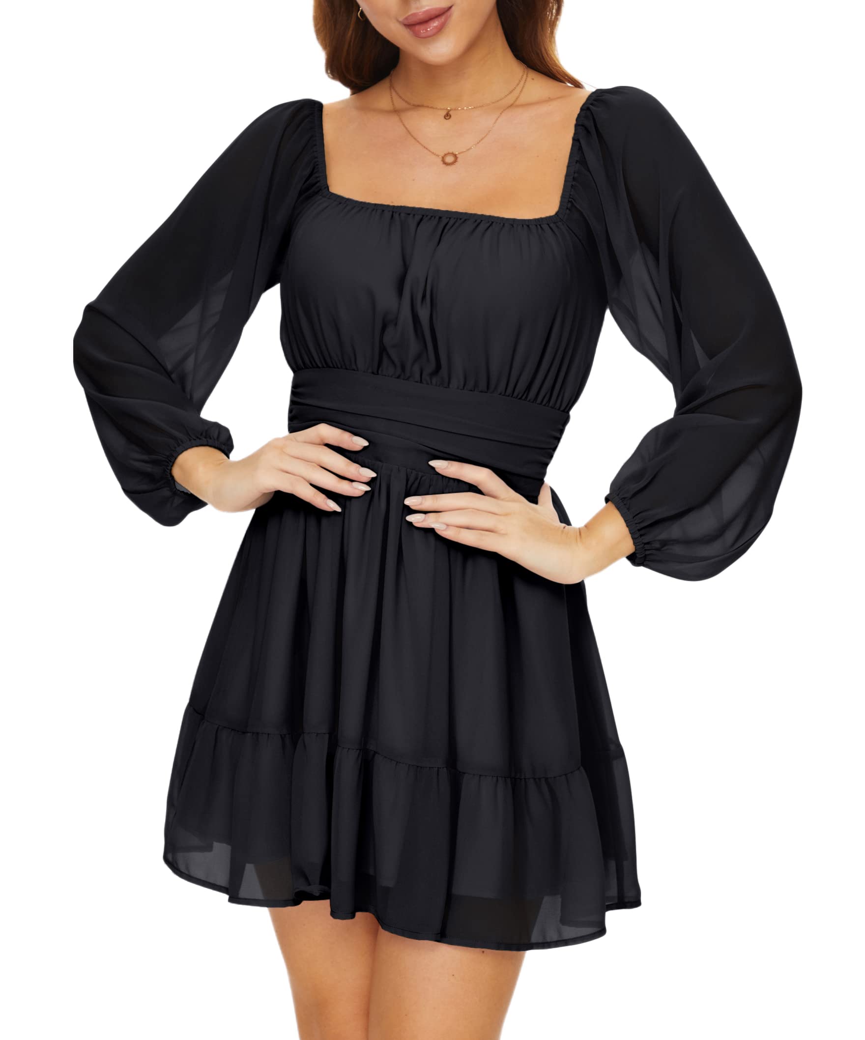**Women's Square Neck Mini Dress 2023 - Puff Sleeve Tie Back A-Line Dress with Elastic Waist for Summer, Party, and Casual Wear**