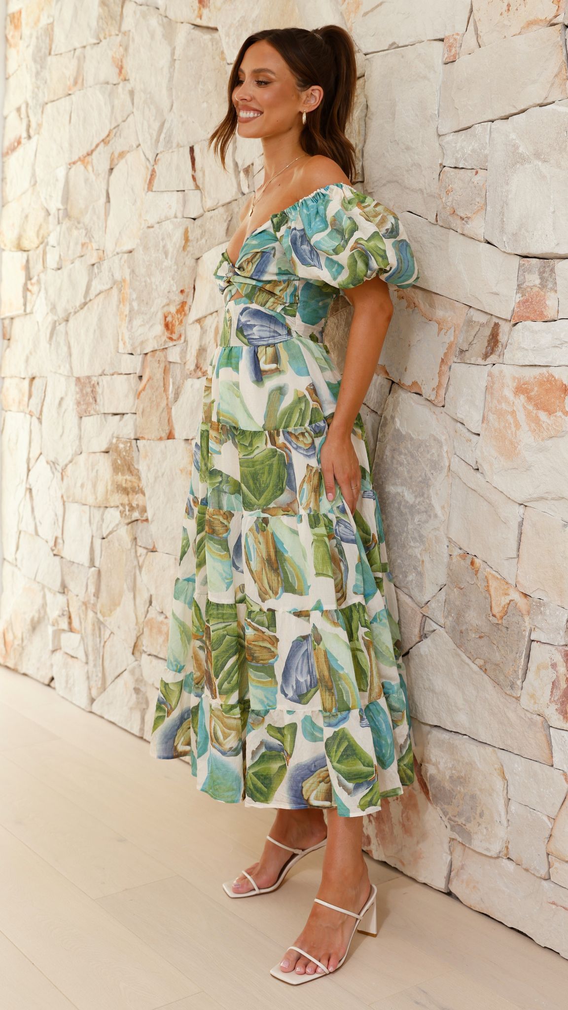 Balthazar Maxi Dress - Green & Blue Floral Print, Women's Summer Beach Dress for Vacation, Party, and Casual Wear