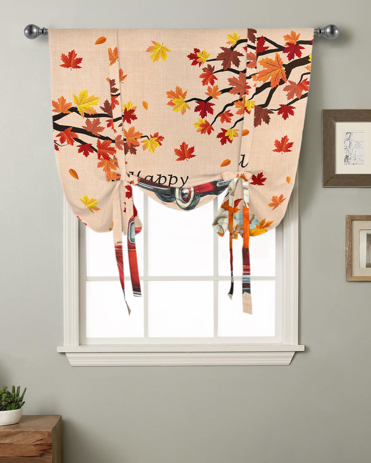 Harvest Pumpkin Tie-Up Curtains for Windows - Autumn Kitchen Curtains with Adjustable Balloon Shades, Fall Maple Leaf Valances for Small Windows (42x63 inches) - Perfect for Truck, Bathroom, Living Room & Seasonal Home Decor