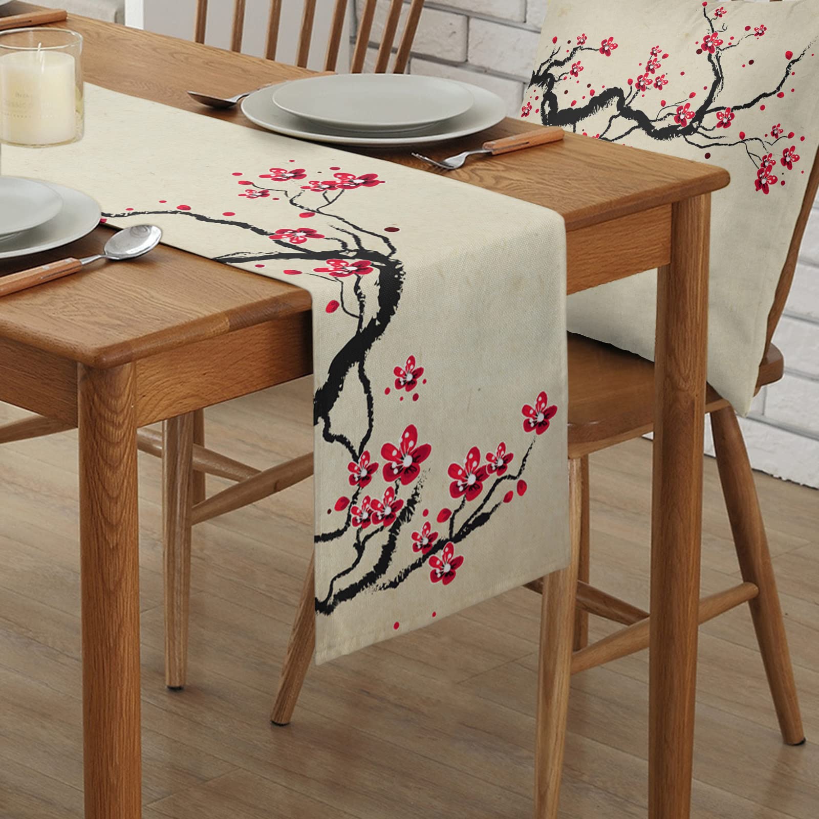 Spring Chinese Painting Cherry Blossoms Table Runner - 13x36 Inch Non-Slip Washable Table Scarf for Farmhouse, Kitchen, Dining & Coffee Table Decor | Perfect for Holiday Dinners, Parties & Home Decor