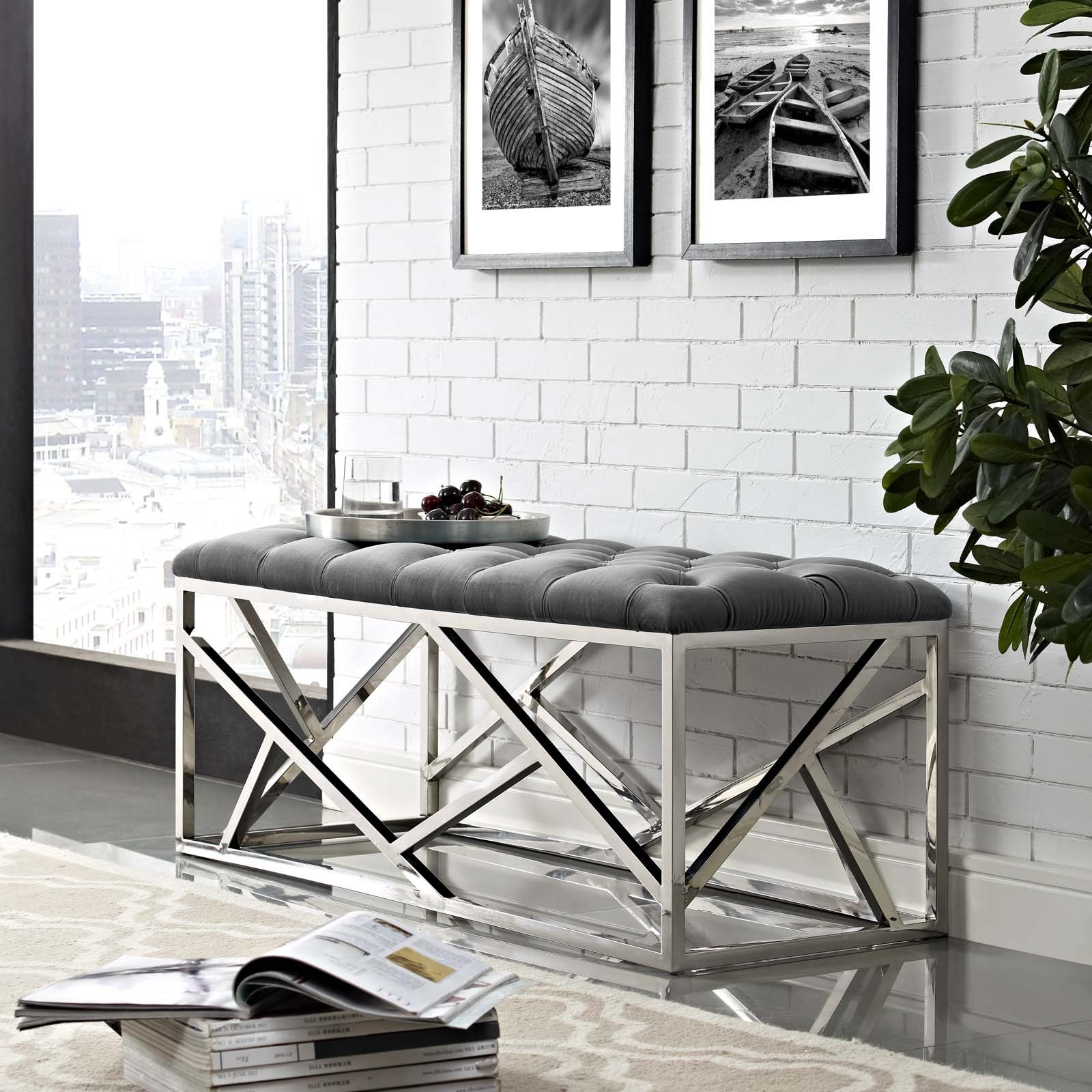 Modern Contemporary Velvet Accent Chair with Metal Frame - Stylish Lounge, Lobby & Living Room Bench in Gray - Perfect for Home, Office & Hotel Decor