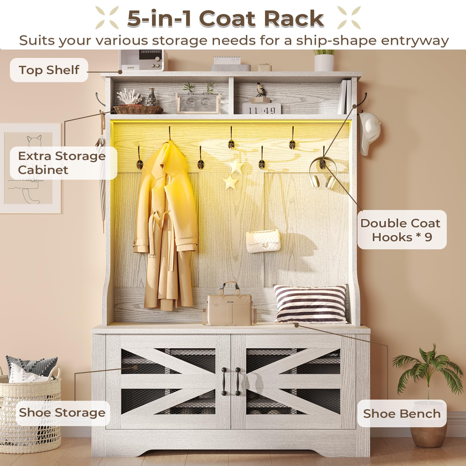 Itaar 5-in-1 Hall Tree Entryway Bench with Shoe Storage, Coat Rack & Adjustable Shelf - 10 Shoe Cubbies, 9 Coat Hooks & Barn Door Design (Embossed White) - Perfect for Mudroom, Foyer & Small Space Organization