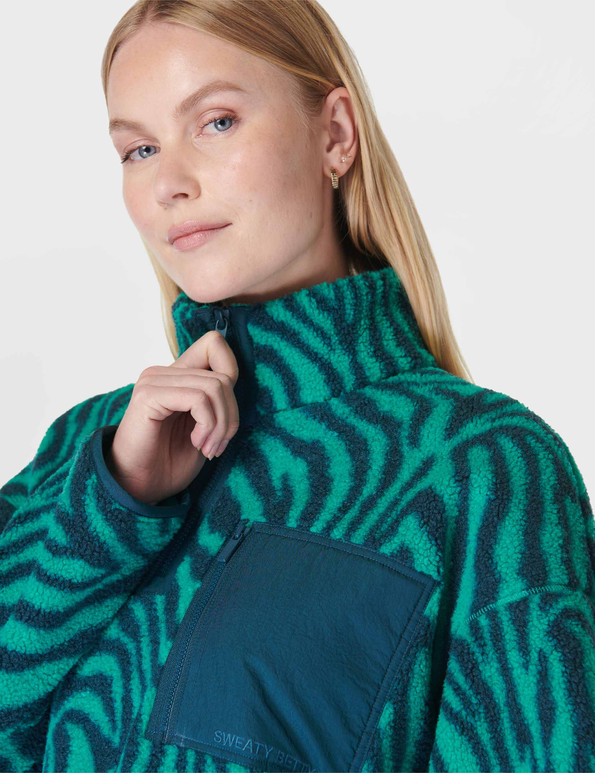 Karma Fleece Half Zip Pullover - Green Abstract Zebra Print Fleece Jacket for Men & Women | Cozy Outdoor Hiking & Casual Winter Wear