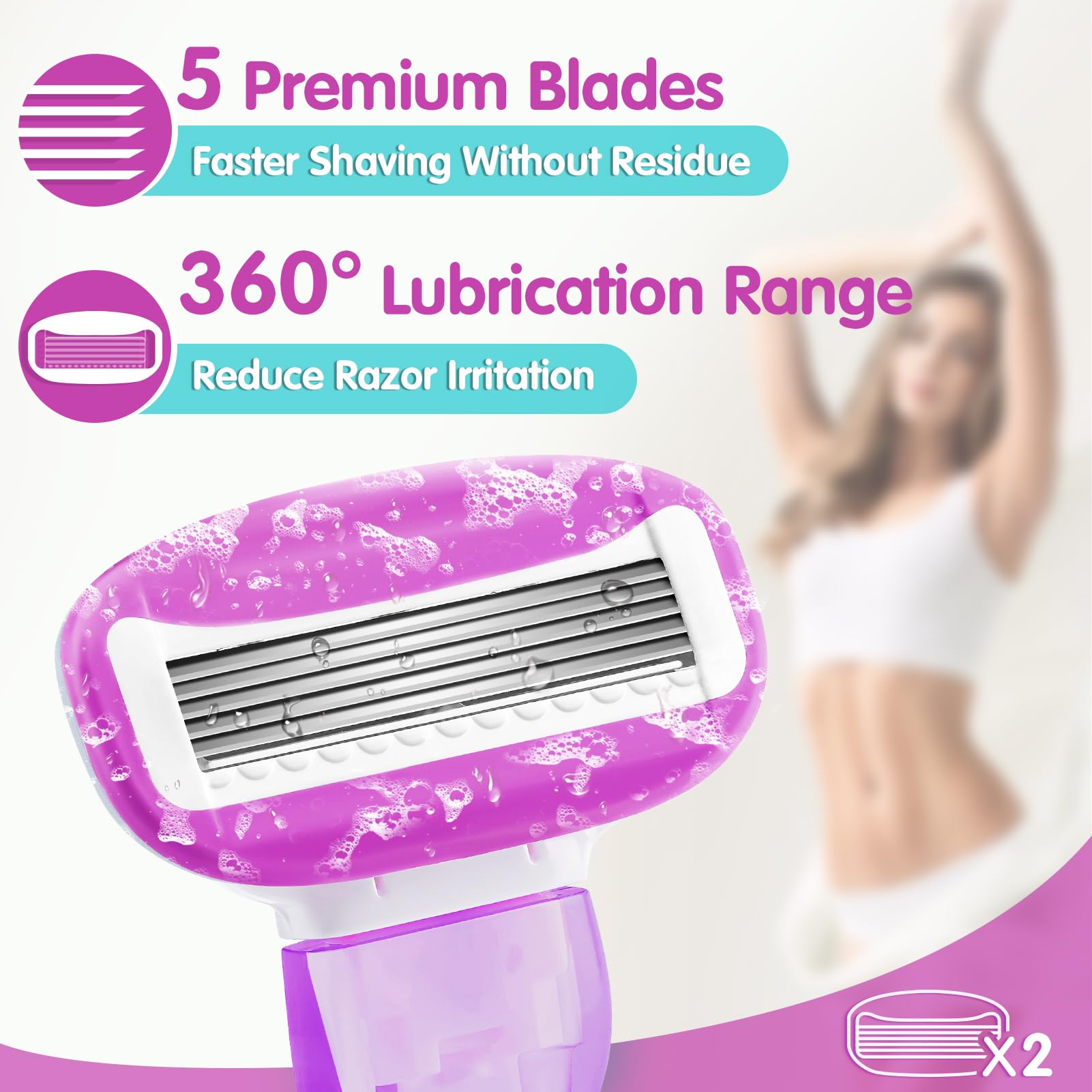 DreamGenius 5-Blade Women's Travel Razor with 2 Cartridges & Case - Ultra Smooth Shaving for Legs, Underarms & Bikini Line - Perfect for Vacation, Gym & On-The-Go Grooming (Purple)