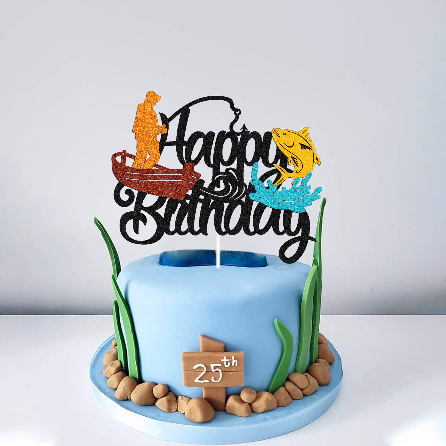 Double Sided Fish Cake Topper - Fishing Pole, Bait & Boat Themed Birthday Decoration for Kids | Perfect for Fishermen, Angler & Fishing Party Supplies | Ideal for Boys, Girls & Children's Birthday Cakes