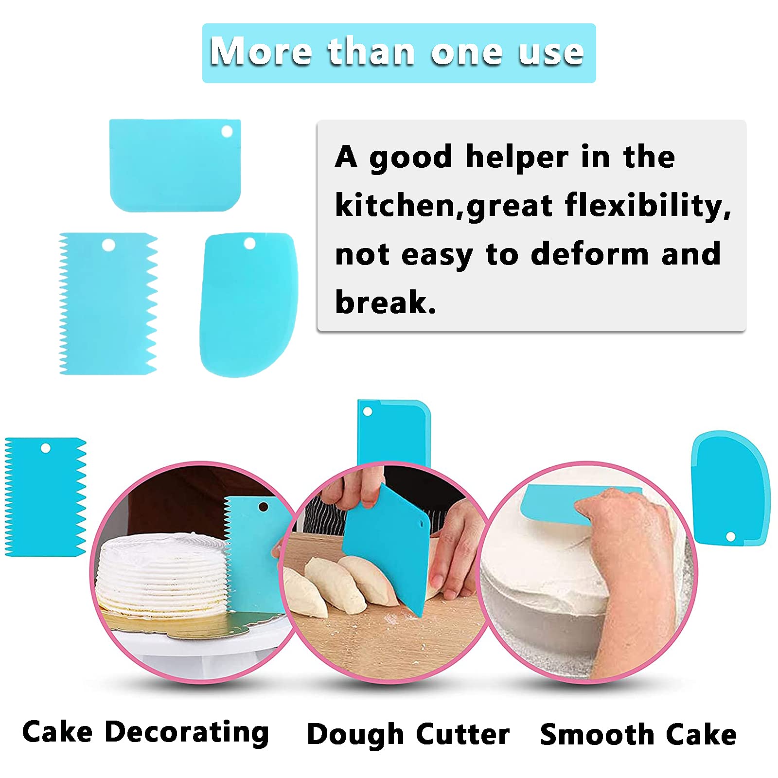3 Pcs Cake Scraper Smoother Set - Professional Cake Decorating Tools for Smooth Icing, Plastic Dough Scraper & Flexible Bowl Scraper - Perfect for Baking, Cake Decorating & Pastry Making at Home or Bakery