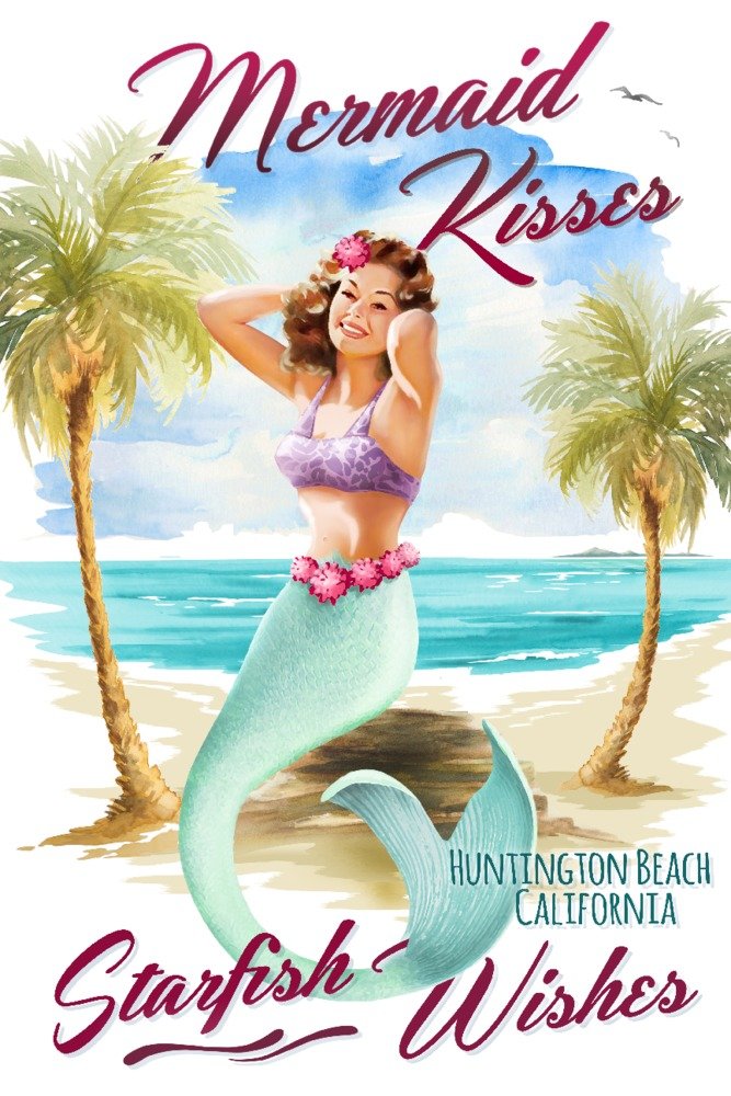 Mermaid Kisses and Starfish Wishes Watercolor Wall Art - 12x18 Gallery Quality Metal Print - Coastal Beach Decor for Home & Office - Huntington Beach California Inspired Aluminum Art