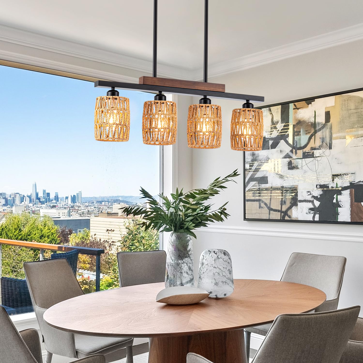 Rattan Farmhouse Chandelier - 4-Light Boho Dining Room Pendant Light with Adjustable Height, Rustic Wood & Matte Black Linear Chandelier for Kitchen Island, Dining Table | Perfect for Farmhouse Decor, Open Concept Kitchens & Cozy Breakfast Nooks