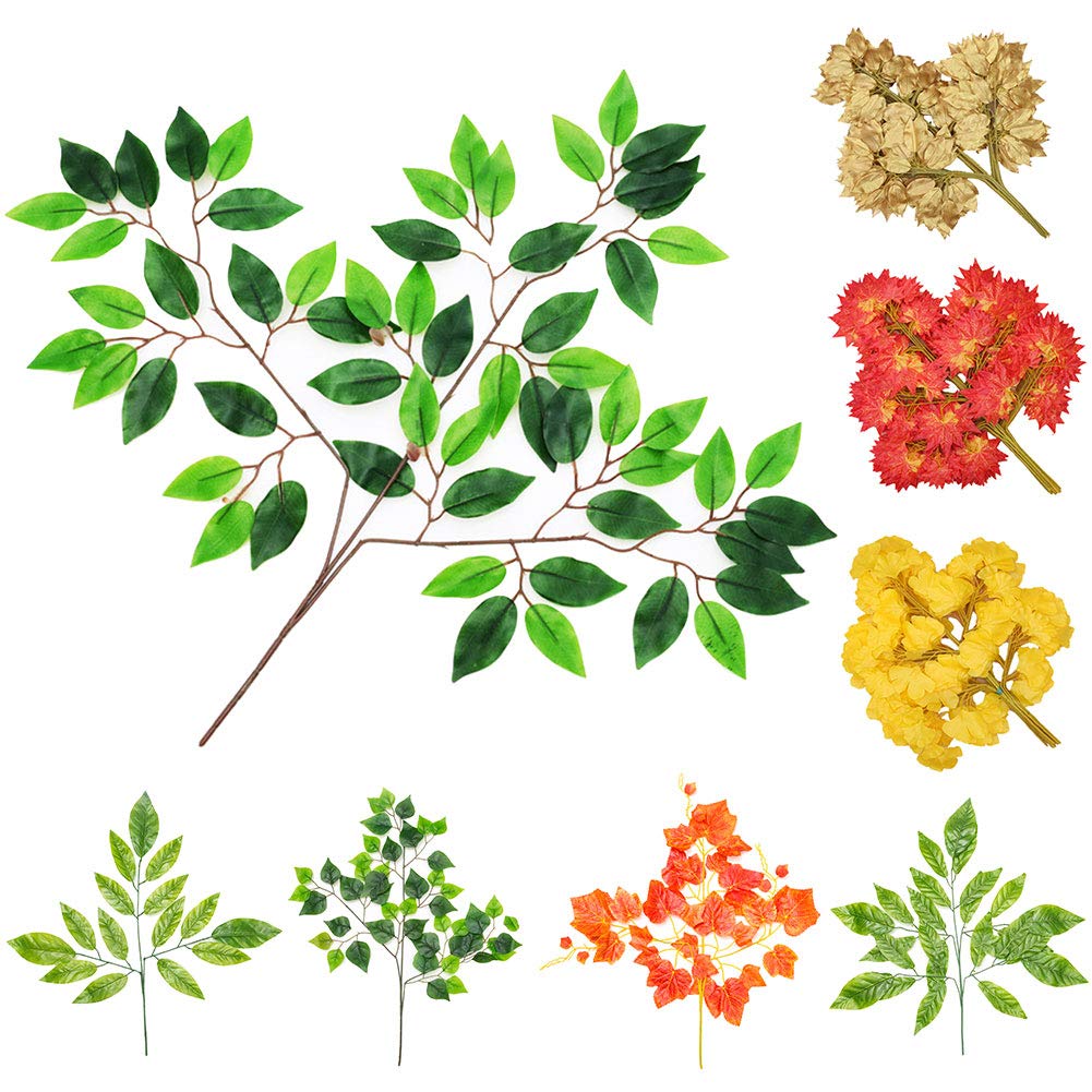 12Pcs Artificial Banyan Maple Tree Leaves - Realistic Faux Plants for Home, Party, Garden & DIY Decor - Yellow Birch Leaves for Beautiful & Vibrant Memories
