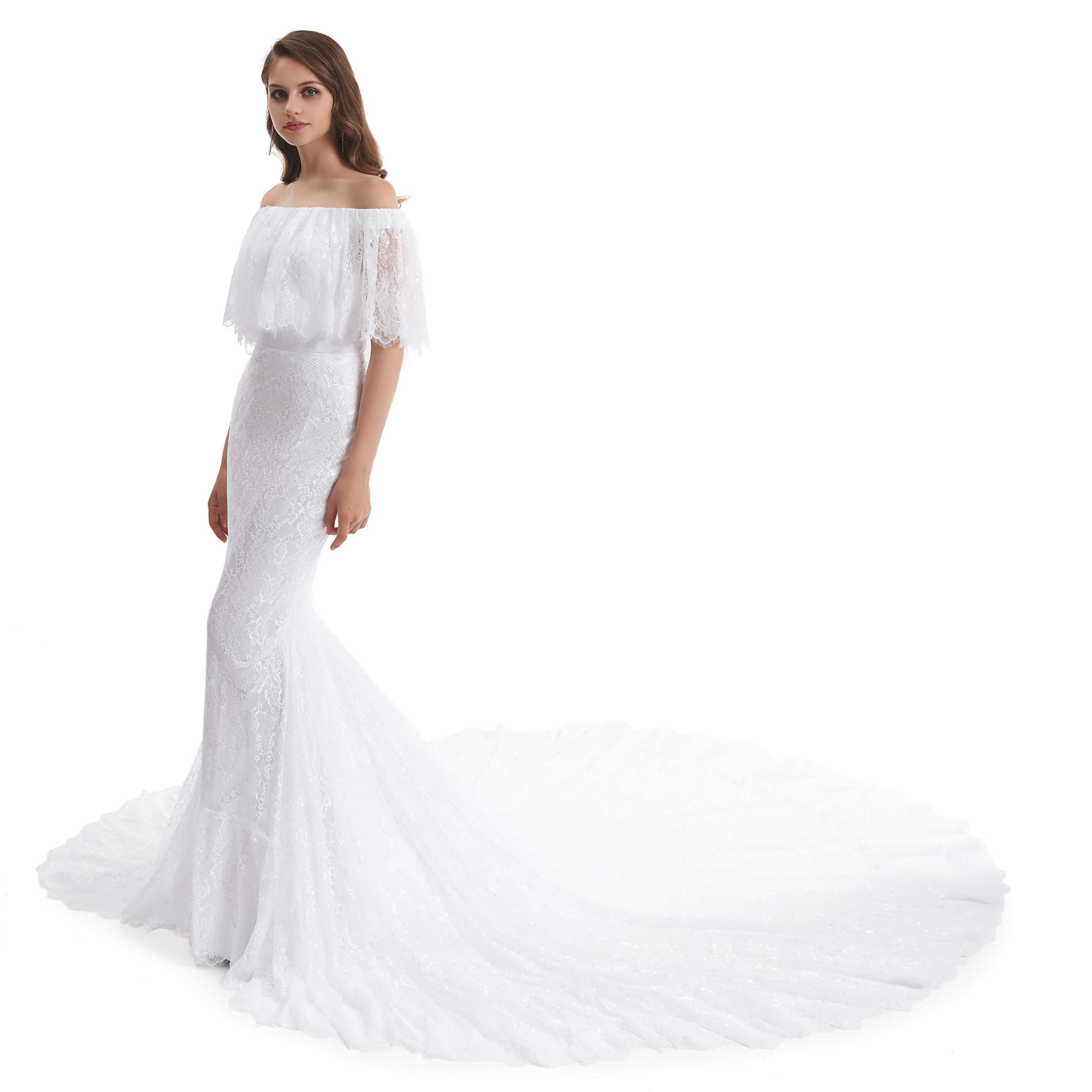 2020 Datangep Sexy Off-Shoulder Lace Wedding Dress for Bride - Beach Wedding, Boho Bridal Gown, Summer Destination Ceremony