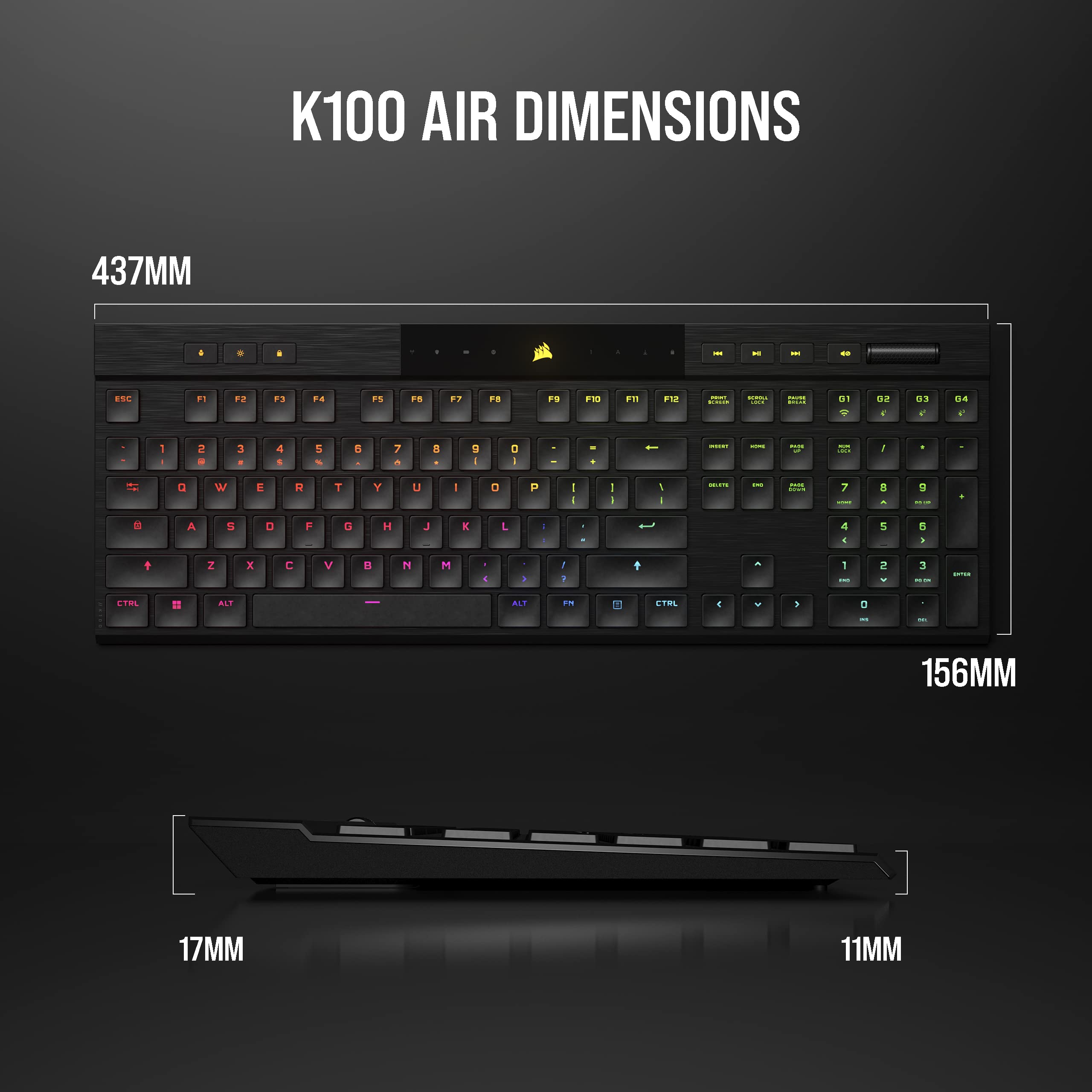 Corsair K100 AIR Wireless RGB Mechanical Gaming Keyboard - Ultra-Thin, Sub-1ms Slipstream, Low-Latency Bluetooth, Cherry MX Ultra Low Profile Keyswitches - NA Layout, QWERTY - Black | Perfect for Esports, Streaming & Office Work