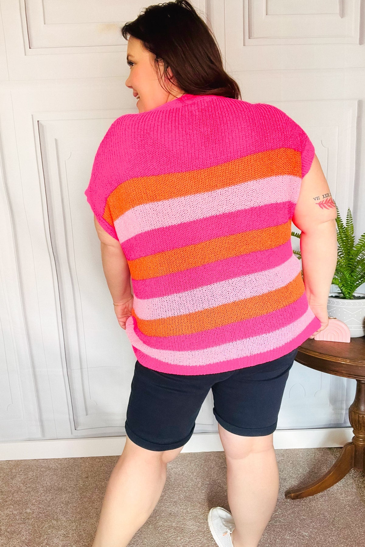 Haptics Fuchsia & Orange Stripe Short Sleeve Dolman Sweater for Women - Soft Casual Pullover Top for Everyday Wear, Date Night & Office Outfits