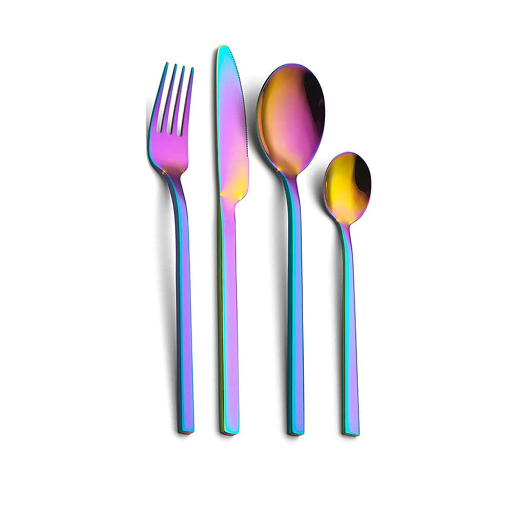 Vibrant Rainbow Flatware Set - 16-Piece Stainless Steel Cutlery with Knife, Fork & Spoon - Dishwasher Safe & Mirror Polished Utensils for 4 People - Colorful Tableware for Parties, Picnics & Everyday Dining