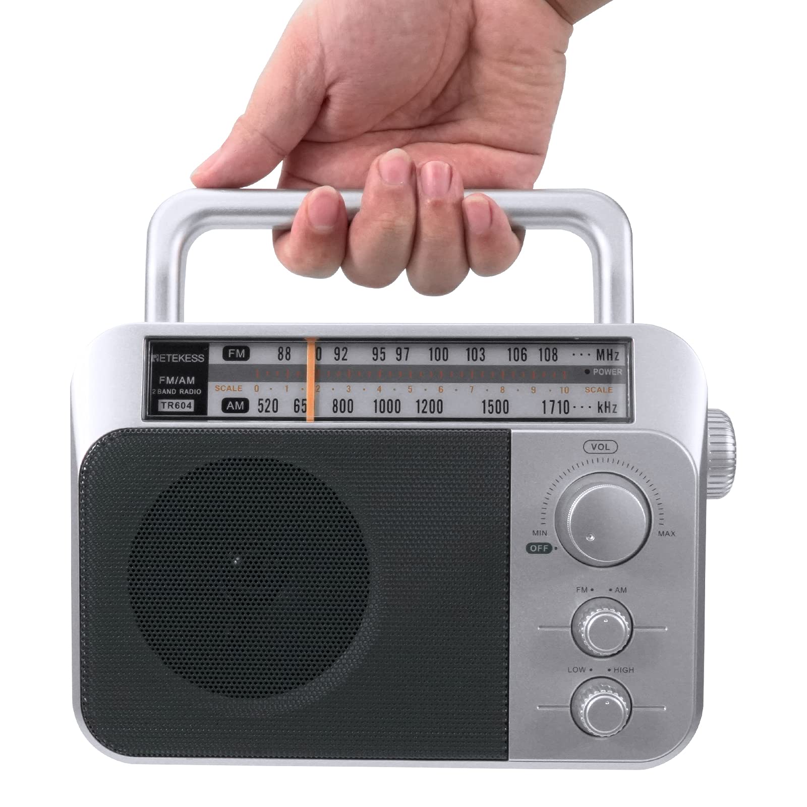 Retekess TR604 Portable AM FM Radio with Earphone Jack - Battery or AC Powered Boombox for Home, Office, Outdoor & Emergency Use (Silver)