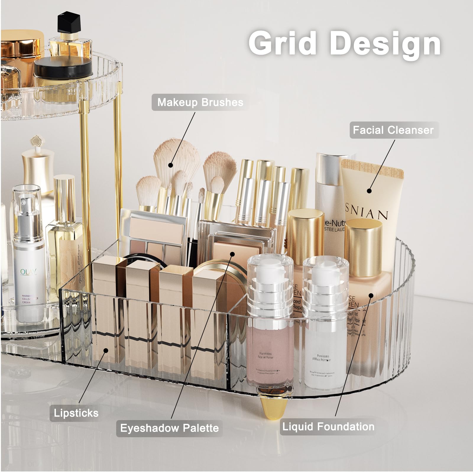 Rotating Makeup Organizer for Vanity - 2-in-1 Cosmetic & Skincare Storage with Perfume Tray | Perfect for Bathroom Counter, Dresser, or Desk Organization (Makeup Display Case & Holder)
