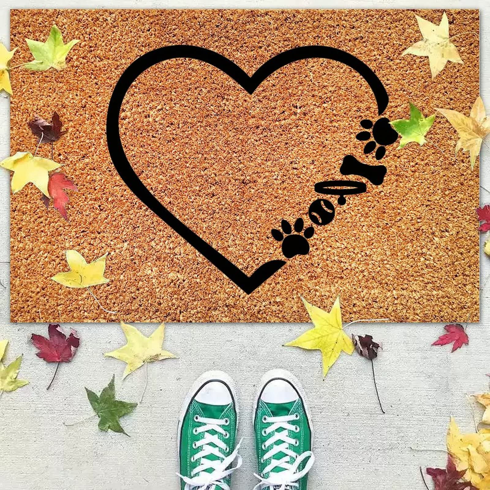 Natural Coir Doormat with Non-Slip Backing - Paw Print & Heart Design, Pet Lover's Welcome Mat for Indoor/Outdoor Use, Perfect for New Homeowners, Entryways, and Pet-Friendly Spaces