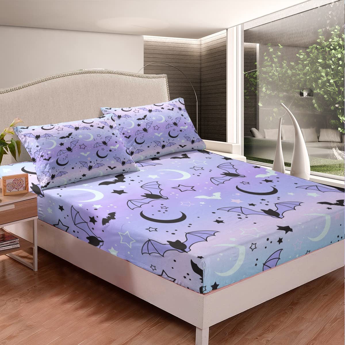 Halloween Comforter Cover Set - Rainbow Bat Moon Star Print Twin Size Bedding for Kids & Boys - Purple Gradient Style 2-Piece Sheet Set for Halloween Decor & Room Theme