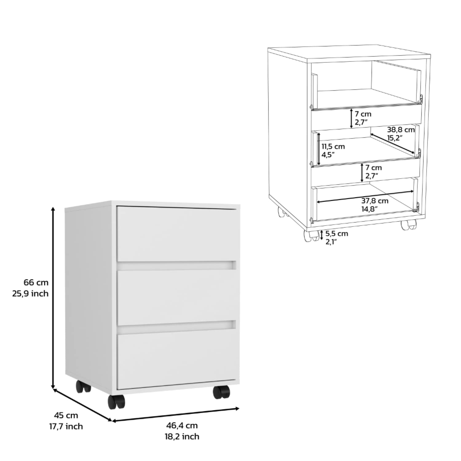 Ibero 3-Drawer Filing Cabinet with 4 Caster Wheels - White Office Storage Solution for Documents, Files & Supplies - Perfect for Home Office, Workspace or Business Use