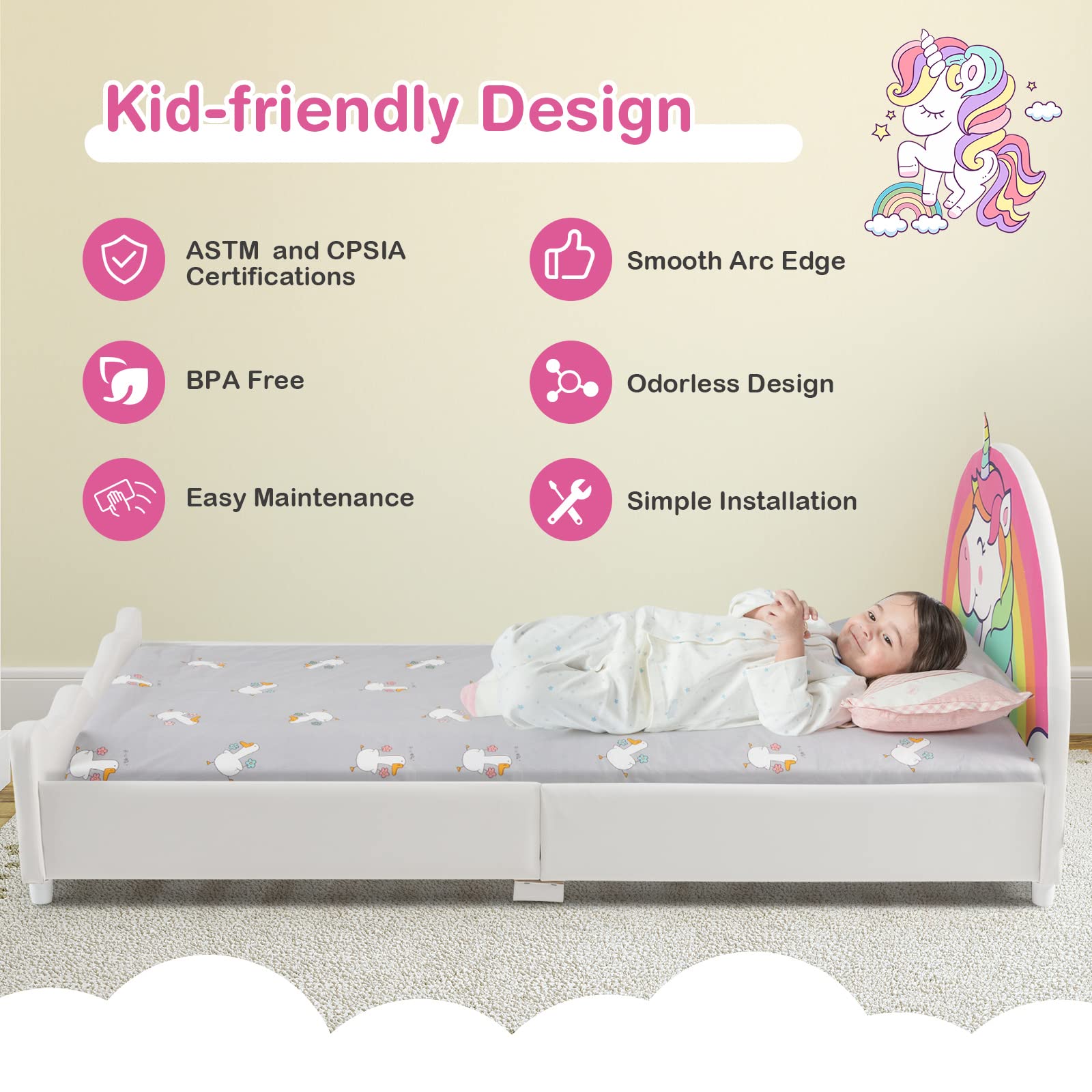 Costzon Twin Bed Frame for Kids - Wood Upholstered Platform Bed with Slat Support & Padded Headboard/Footboard - No Box Spring Needed - Easy Assembly - Fits Standard Twin Mattress (Rainbow) - Perfect for Kids' Bedrooms, Guest Rooms & Small Spaces