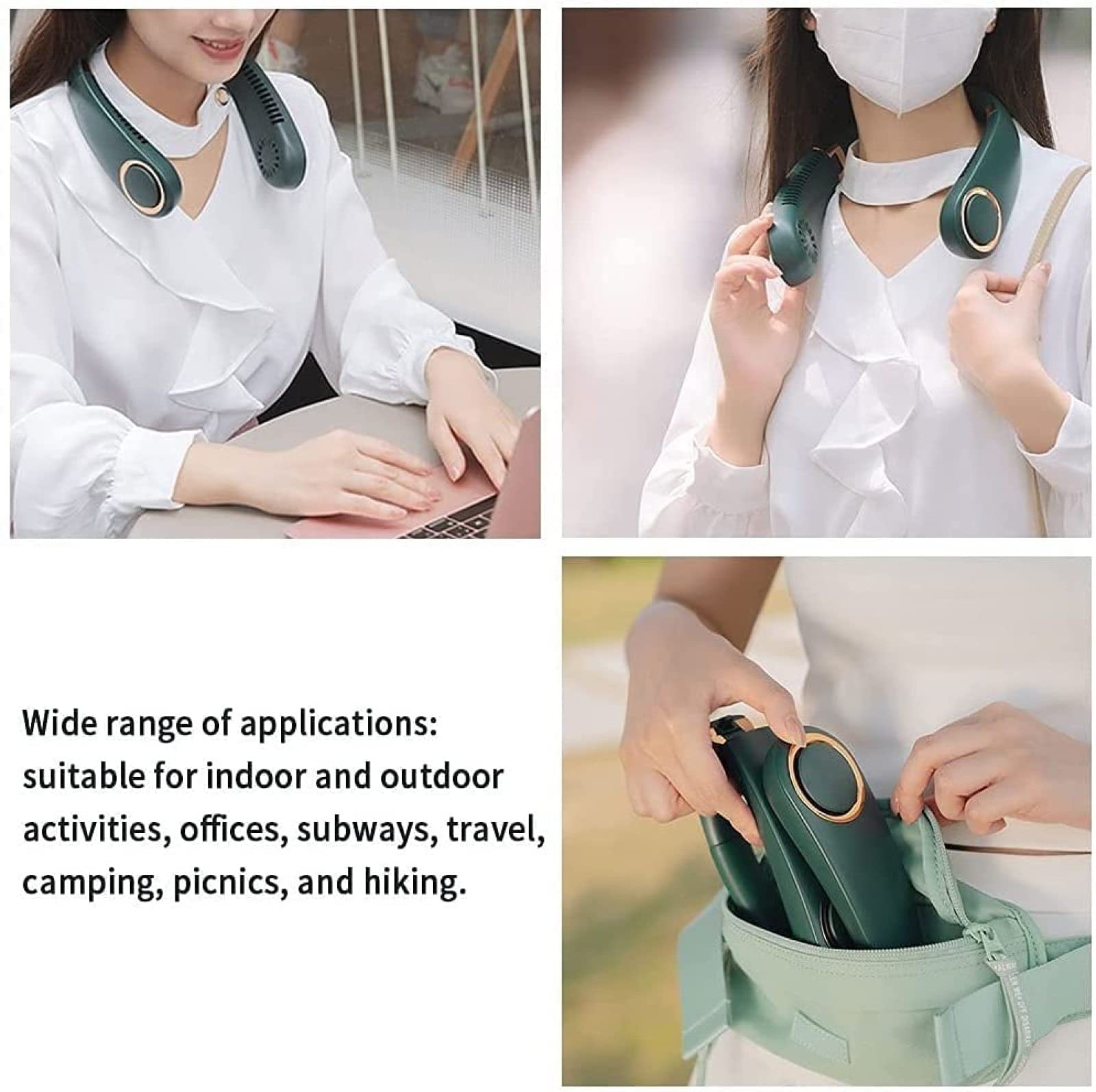 XPSSJMU Portable Neck Fan - USB Rechargeable Hands-Free Bladeless Personal Mini Fan with 3 Speed Settings & 3000mAh Battery | Wearable Cooling Fan for Travel, Sports, Office & Outdoor Activities | Green