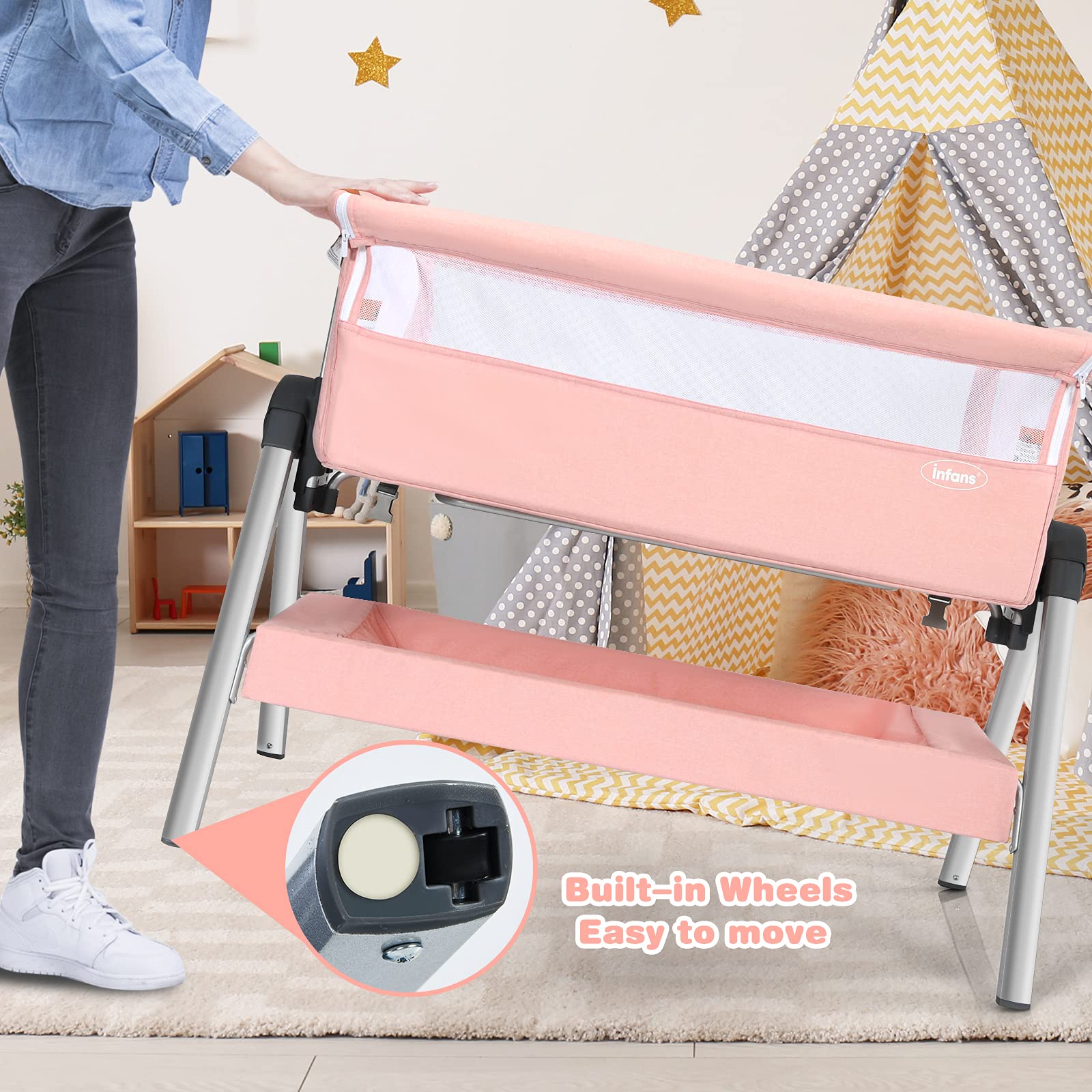 INFANS Baby Bassinet Bedside Crib - Portable Newborn Sleeper with Large Storage Basket, Adjustable Height & Breathable Mesh - Detachable Washable Mattress & Safety Straps - Perfect for Nursery, Bedroom & Travel (Pink)