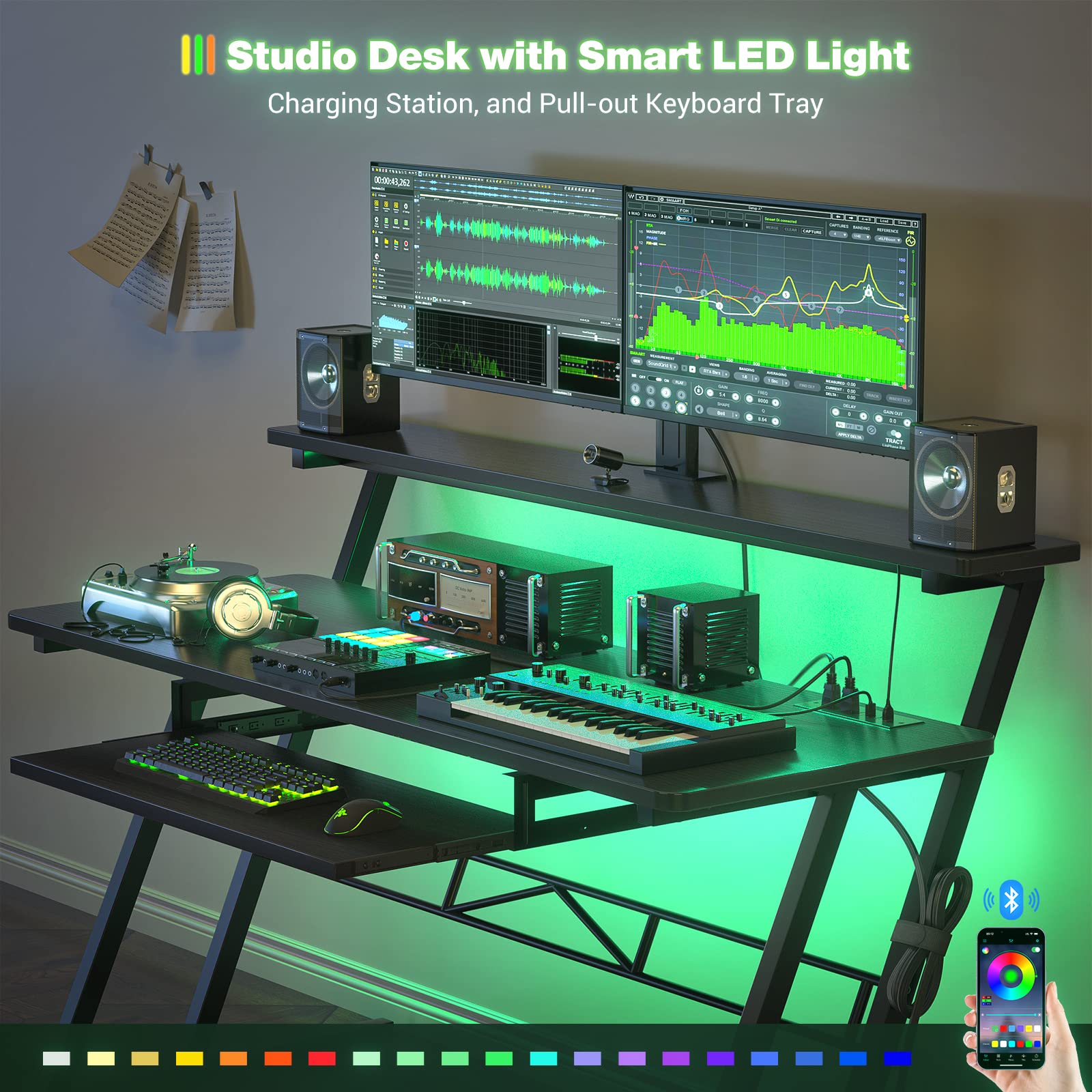 Armocity Music Studio Desk with Power Outlets & RGB LED Lights - Professional Recording Studio Workstation for Music Producers, DJs & Home Studios - Matte Black Design for Home & Professional Music Production Spaces
