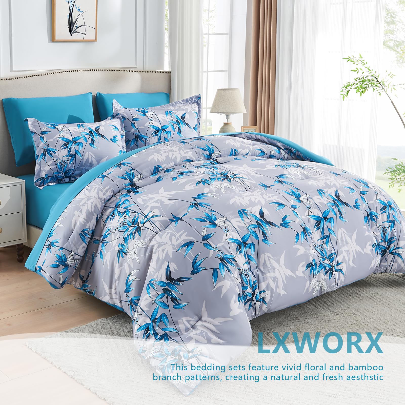 Premium 7-Piece Queen Comforter Set - Soft Lightweight Botanical Leaf Pattern Bedding with Comforter & Sheets | All-Season Blue Bed in a Bag | Perfect for Master Bedroom, Guest Room & Dorm Decor