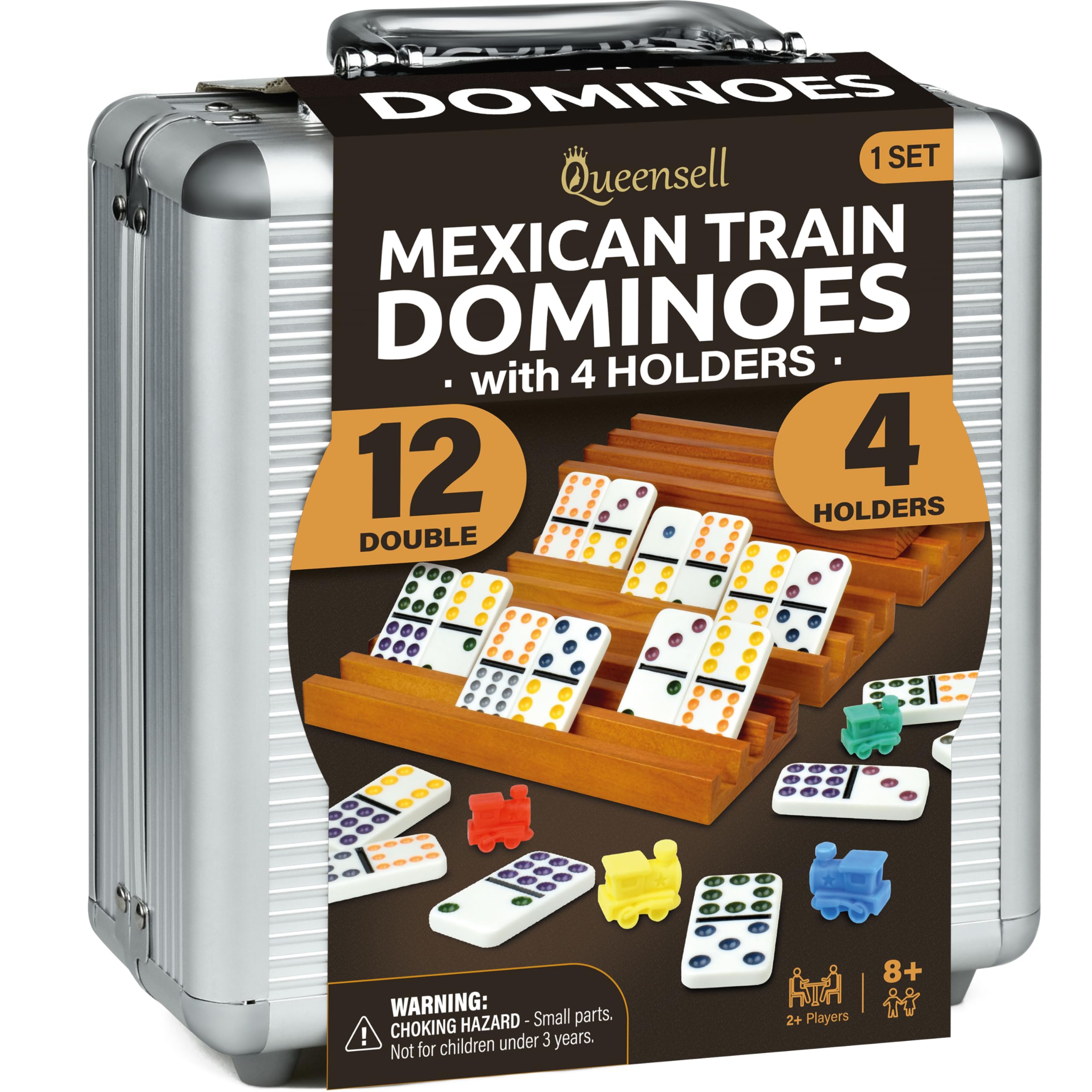 Premium Mexican Train Dominoes Set - Double 12 Wooden Dominoes with 4 Tile Holders & Wooden Hub - Complete Family Board Game for Adults & Kids Age 8+ - Perfect for Game Nights, Parties, Camping & Family Gatherings (D12 + 4 Holders)