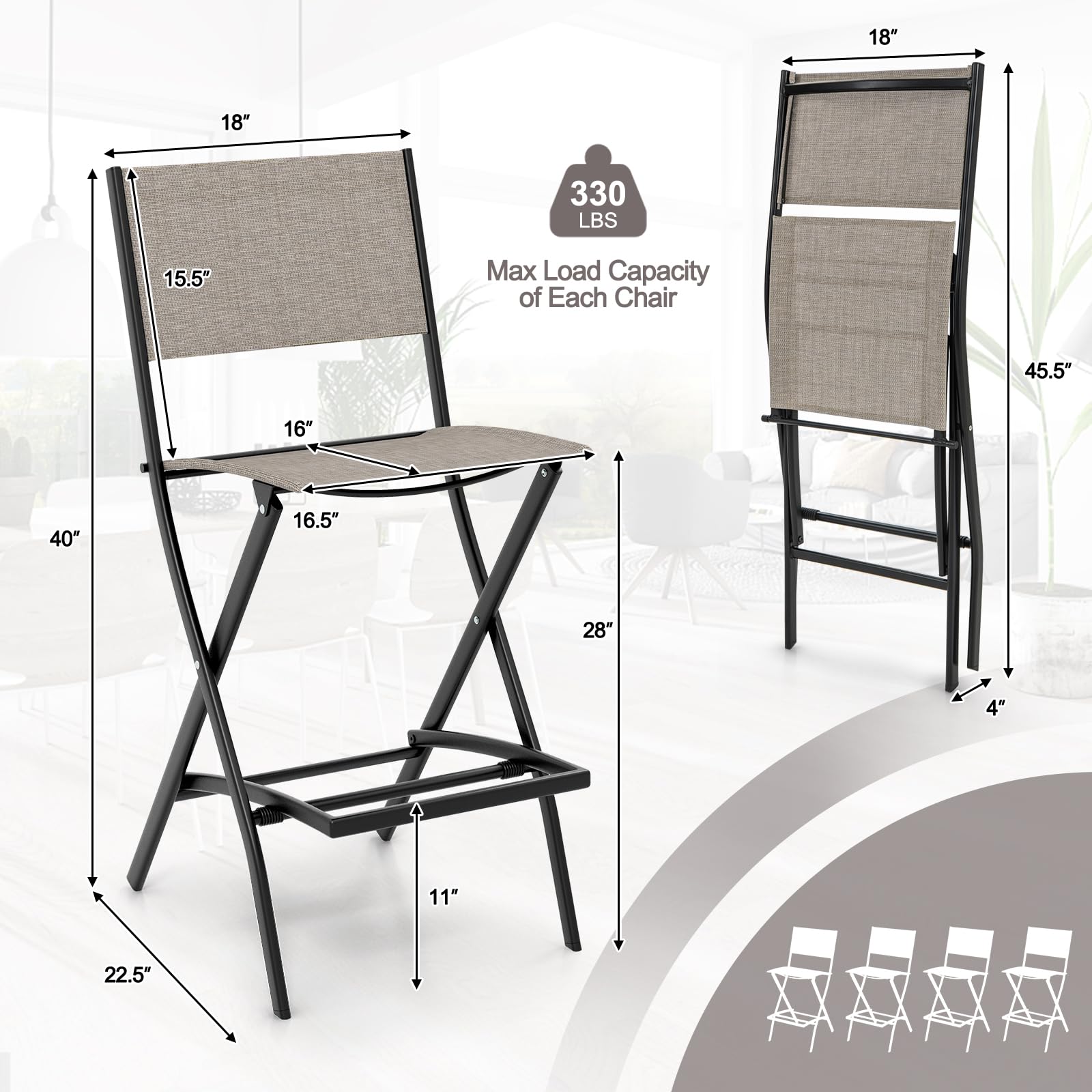 Giantex Set of 4 Folding Outdoor Bar Stools - Counter Height Patio Chairs with Footrest & Back Support, All-Weather Resistant Metal Frame for Porch, Deck, Lawn, Garden - Light Brown | Perfect for Backyard BBQs, Poolside Lounging & Outdoor Entertaining