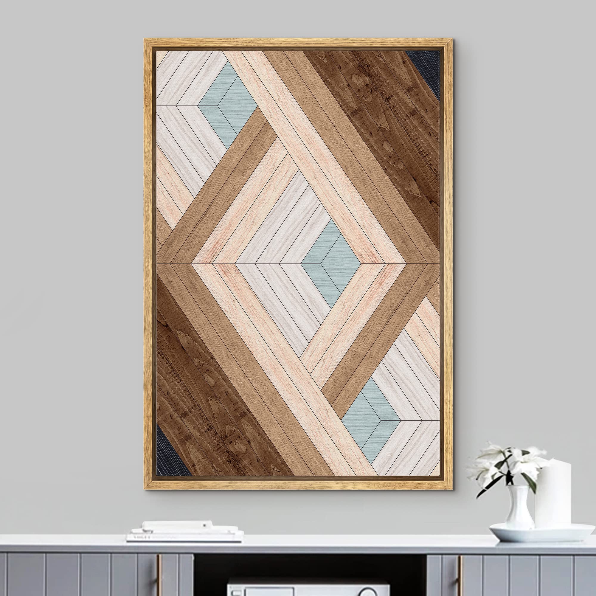 IDEA4WALL Framed Canvas Print Wall Art - Western Decor Geometric Diamond Wood Panel Pattern, Abstract Shapes Modern Nordic Minimal Boho Style for Living Room, Bedroom, Office, 24