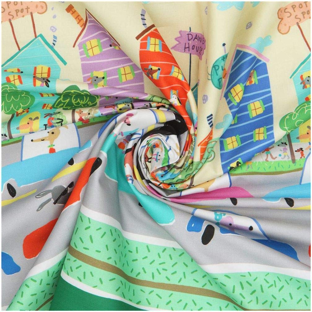 QT Quilt Fabrics Amanda Haley Dogtown 18'' Border Quilt Fabric in Pale Yellow | Premium Cotton Material for Quilting, Home Decor & DIY Craft Projects