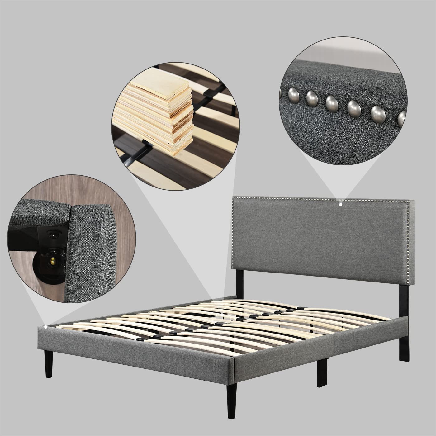 Queen Size Upholstered Platform Bed Frame with Headboard & Wooden Slats - Noise Free, No Box Spring Needed, Light Grey - Perfect for Modern Bedrooms, Guest Rooms & Small Apartments