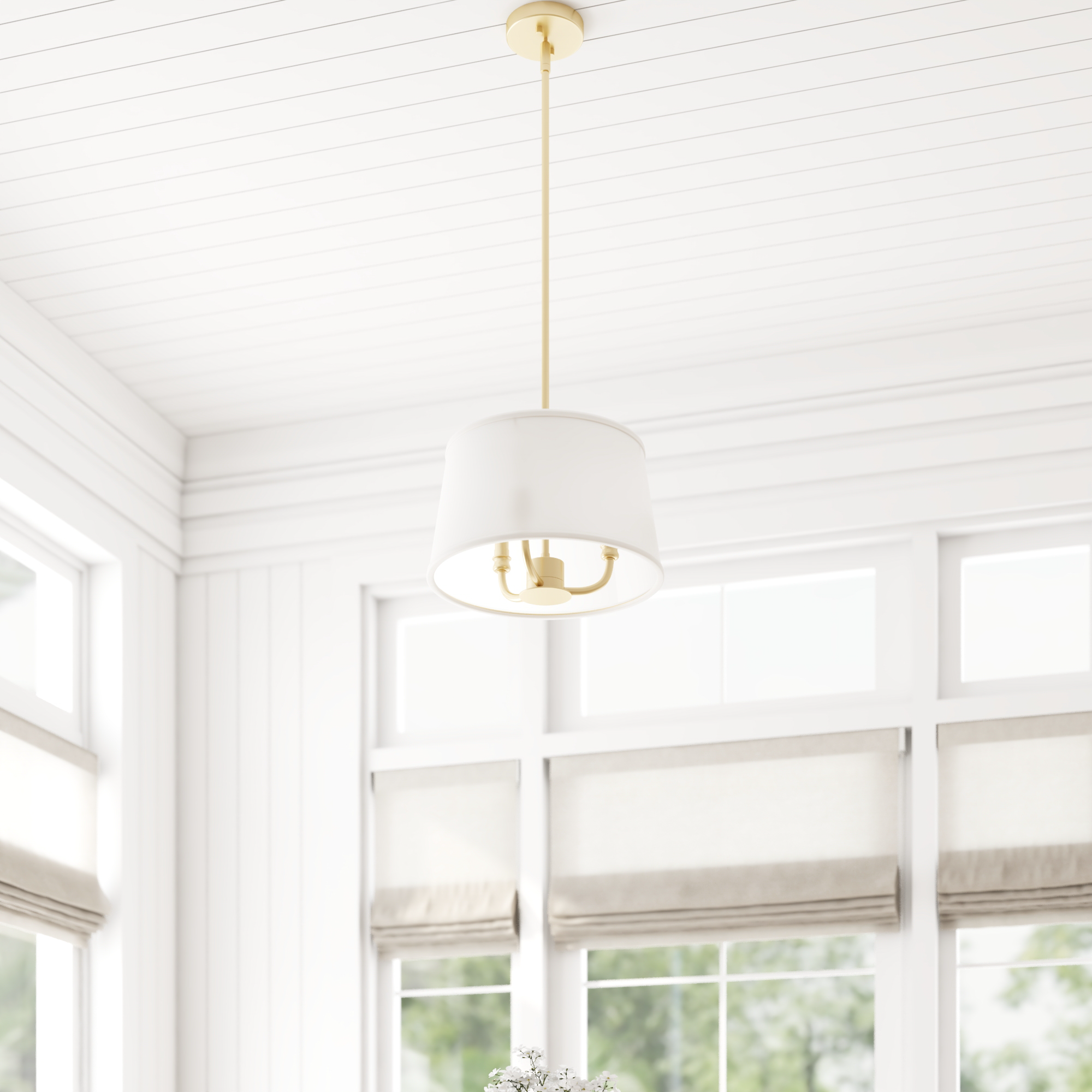 3-Light Billet Convertible Pendant/Semi-Flush Mount Ceiling Light - Brushed Gold Finish with Fabric Shades - Perfect for Dining Room, Kitchen Island, or Bedroom Lighting