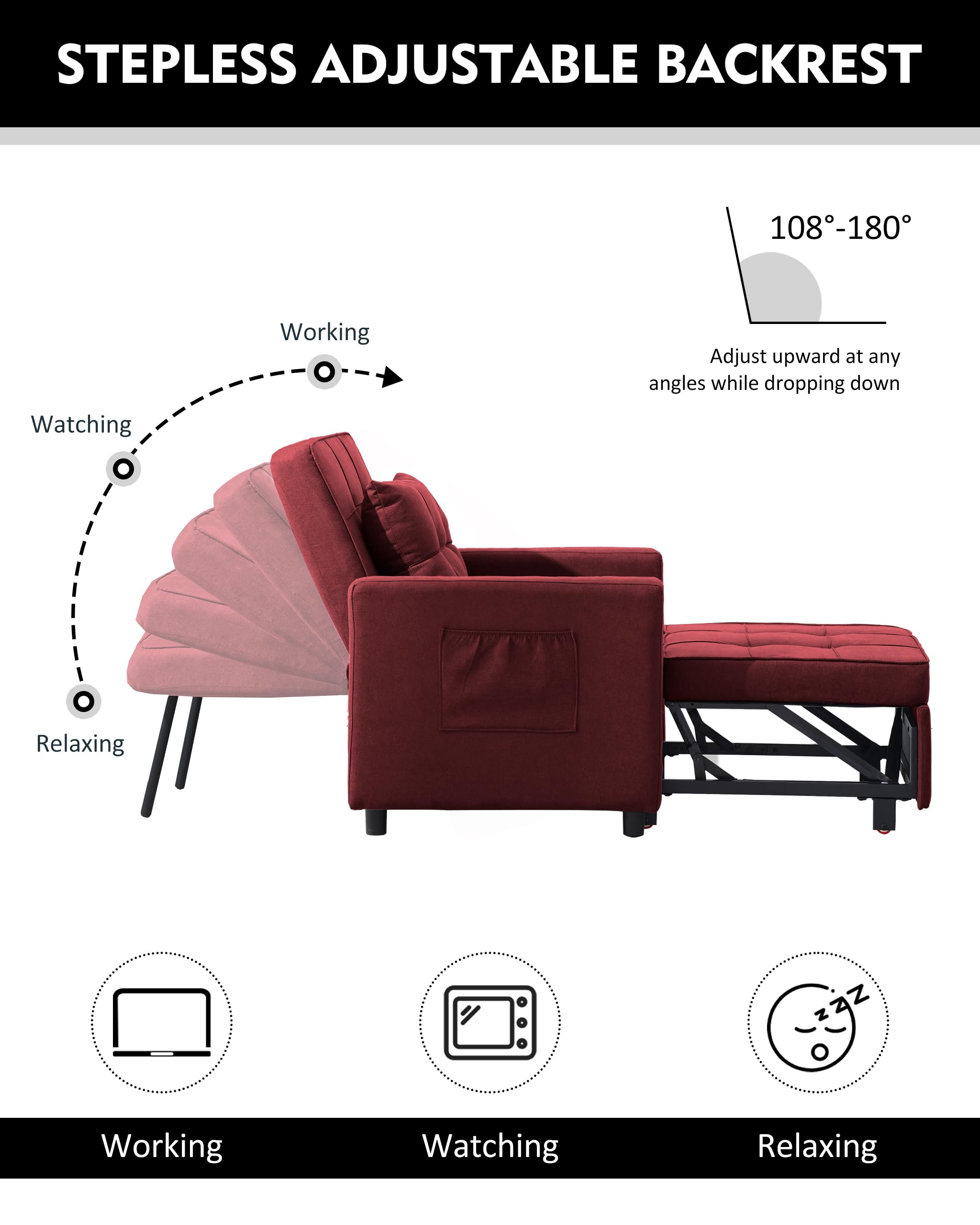 XSPRACER Convertible 3-in-1 Sleeper Sofa Chair Bed - Adjustable Backrest, Fleece Fabric, Red - Perfect for Small Spaces, Guest Rooms & Apartments