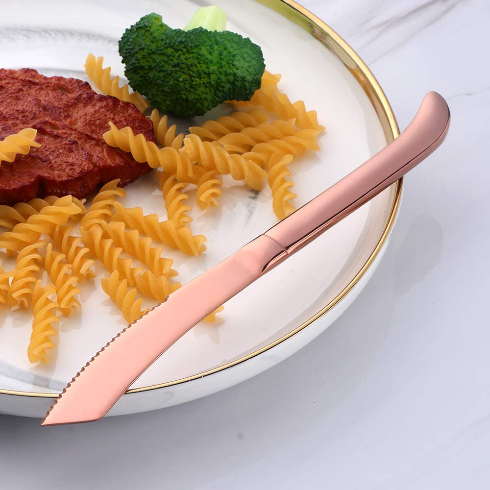 Premium 6-Piece Steak Knife Set - Serrated Stainless Steel Blades, Dishwasher Safe - Elegant Rose Gold Finish by QIBORUN - Perfect for Steak Dinners, BBQ Parties & Fine Dining