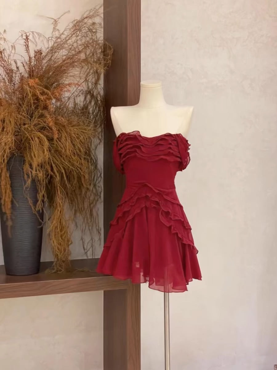 Burgundy Off Shoulder A-Line Short Prom Dress with Ruffle Details - Elegant Homecoming Dress for Teens (Style J3457) | Perfect for Parties, Dances, and Special Occasions