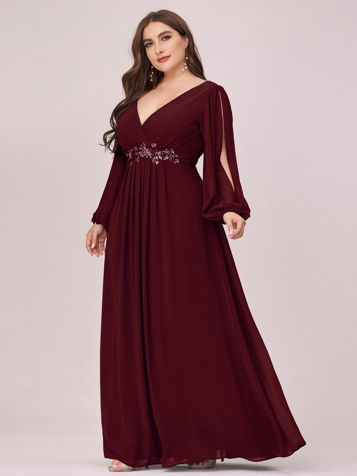 Ever-Pretty Plus Size Women's Formal Dress - V Neck Floor Length Floral Applique Lantern Sleeves Evening Gown for Curvy Women | Wedding Guest, Prom, Cocktail Party, Special Occasions