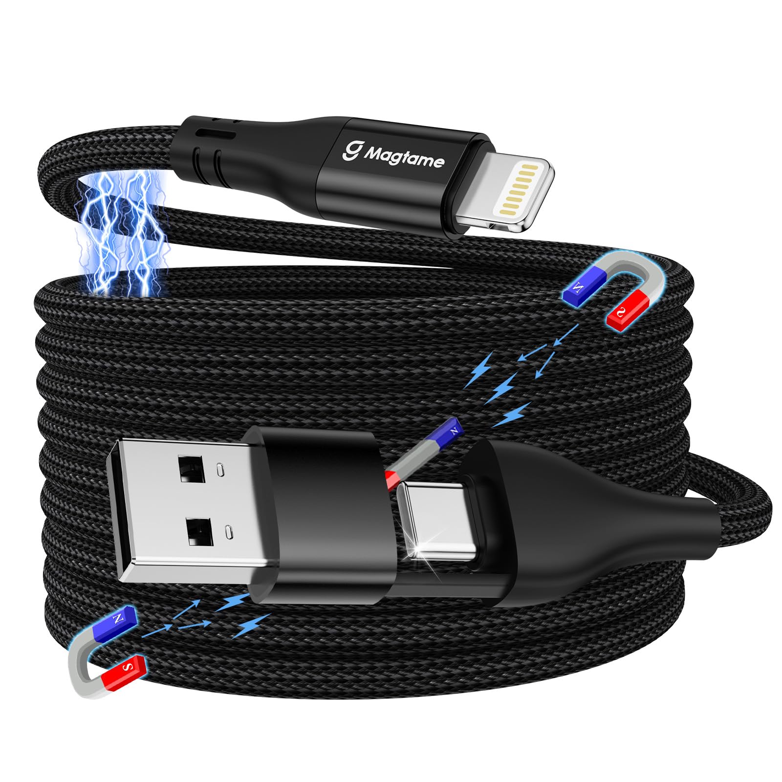 2-in-1 Magnetic Coiled Lightning & USB-C Fast Charging Cable (3.3ft) - MFi Certified 30W PD Charger with Braided Nylon for iPhone 14/13/12/11/XR/XS/SE - Perfect for Travel, Car & Home Charging