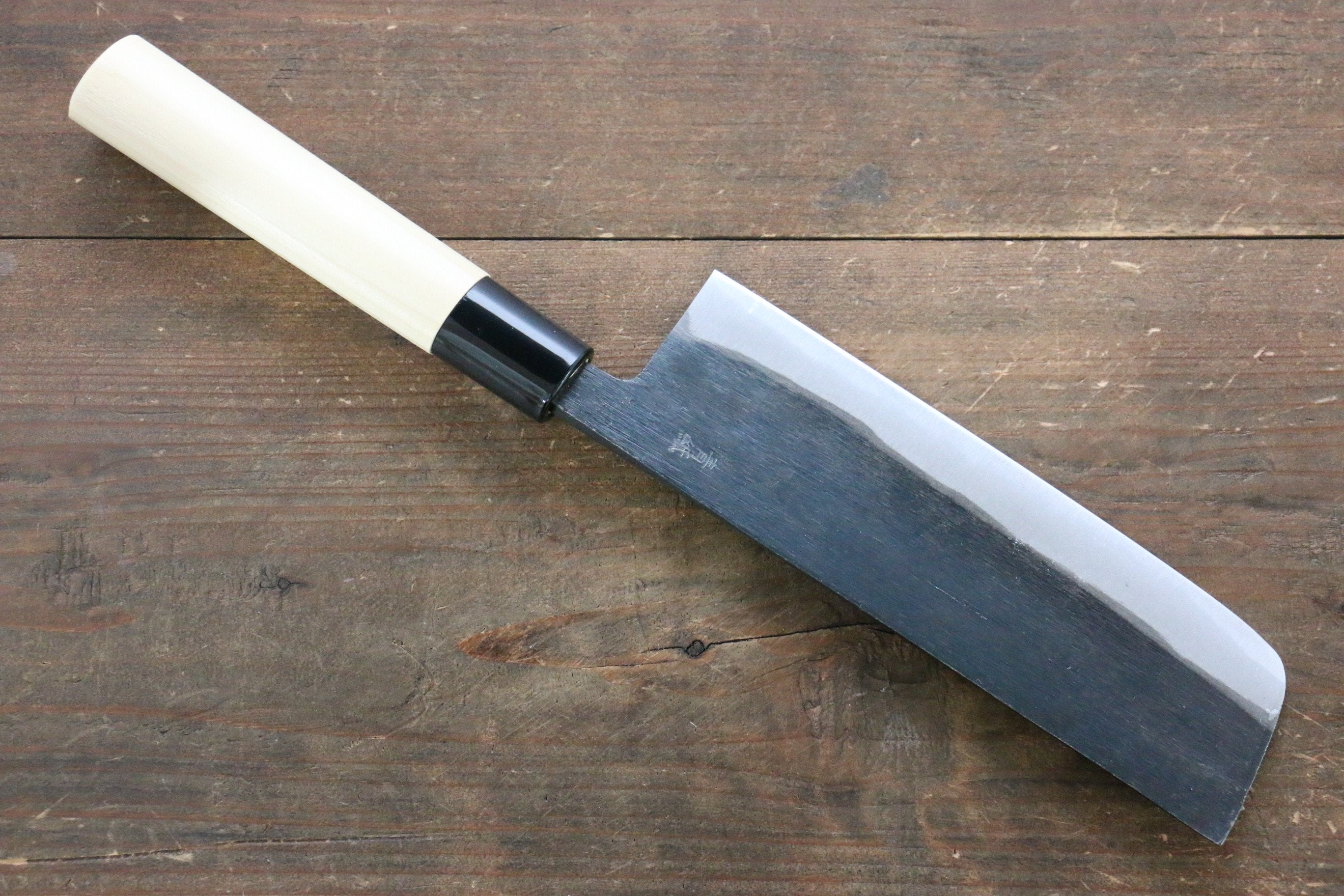 Kanetsune Blue Steel No.2 Kurouchi Nakiri Knife 165mm with Magnolia Handle - Japanese Vegetable Knife for Precise Chopping & Slicing in Professional Kitchens & Home Cooking