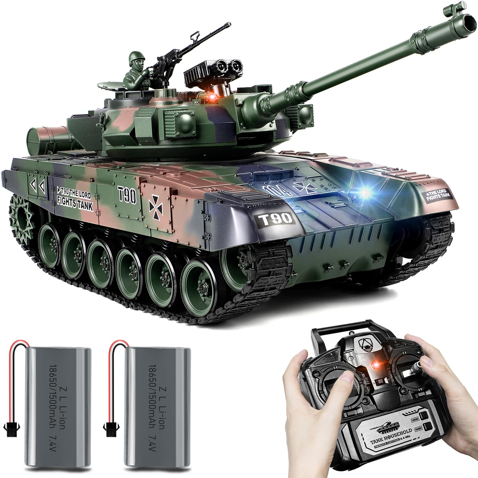 1:18 Scale RUS T-90 RC Tank - 2.4Ghz Remote Control Military Toy with Smoke, Light & Sound Effects, 15 Channels, BBS & Water Bomb Shooting - Battle-Ready Army Tank Model for Adults & Kids | Indoor & Outdoor Play, War Simulation, Collectible Display