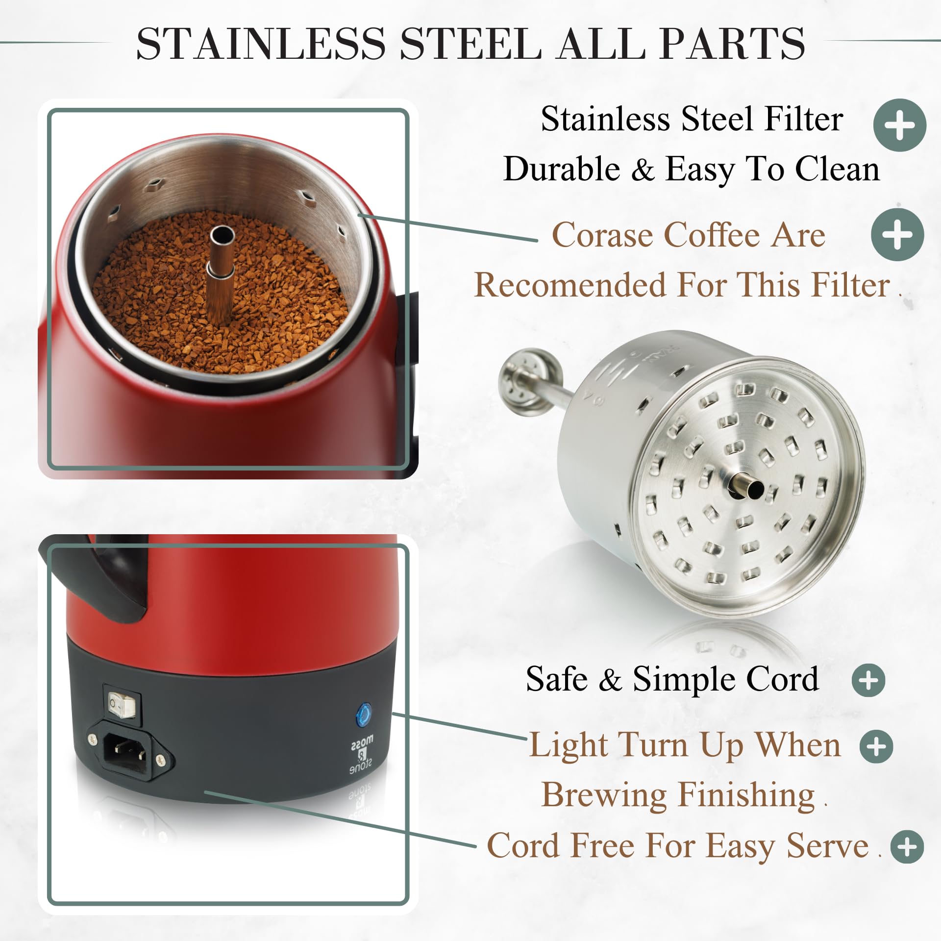 Electric Coffee Percolator - 10 Cup Stainless Steel Camping Coffee Maker with Red Body & Lid for Outdoor, RV, and Home Brewing | Moss & Stone